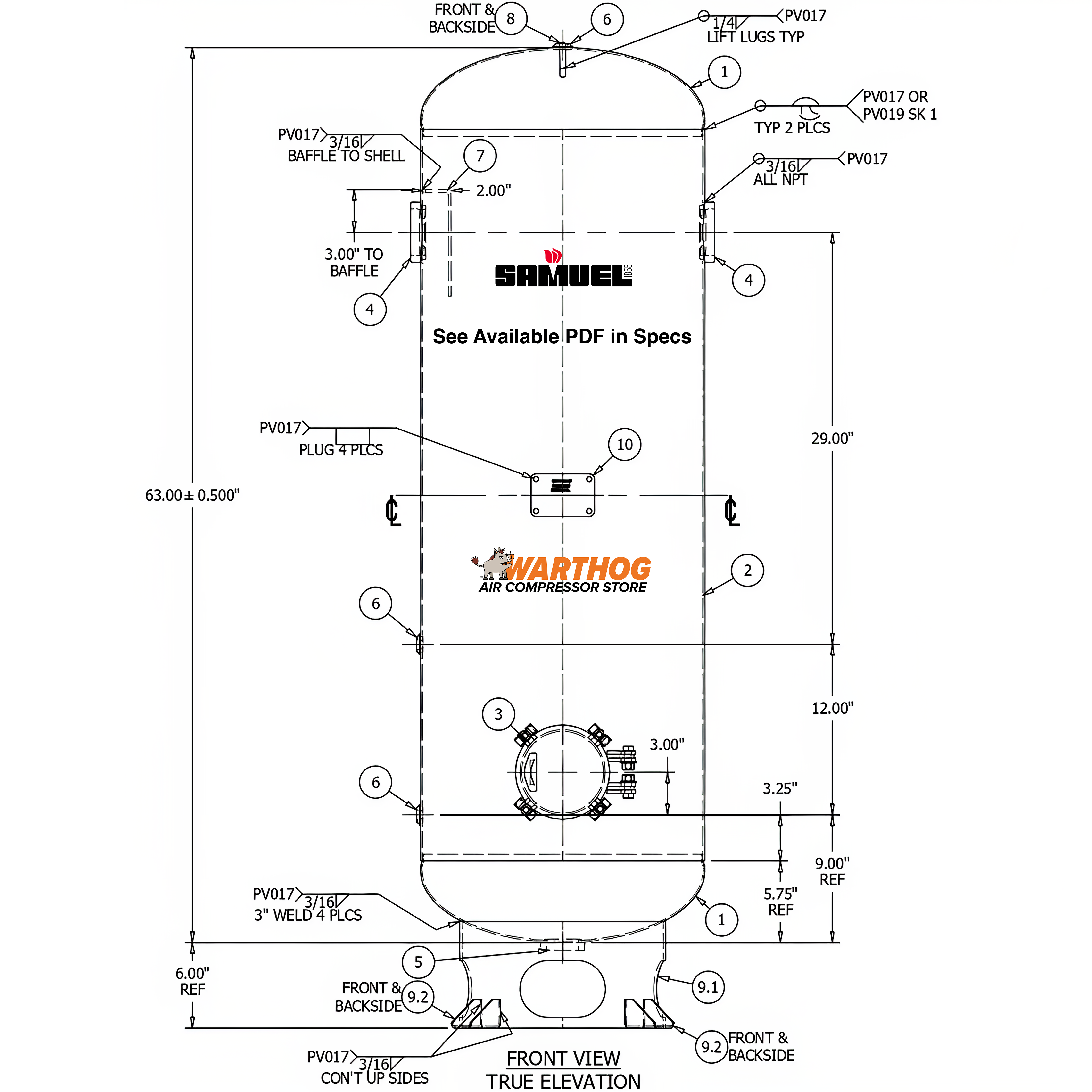 80 Gallon 150PSI Vertical Air Tank By Samuel with 8" basering / 6" hinged closure | V10096