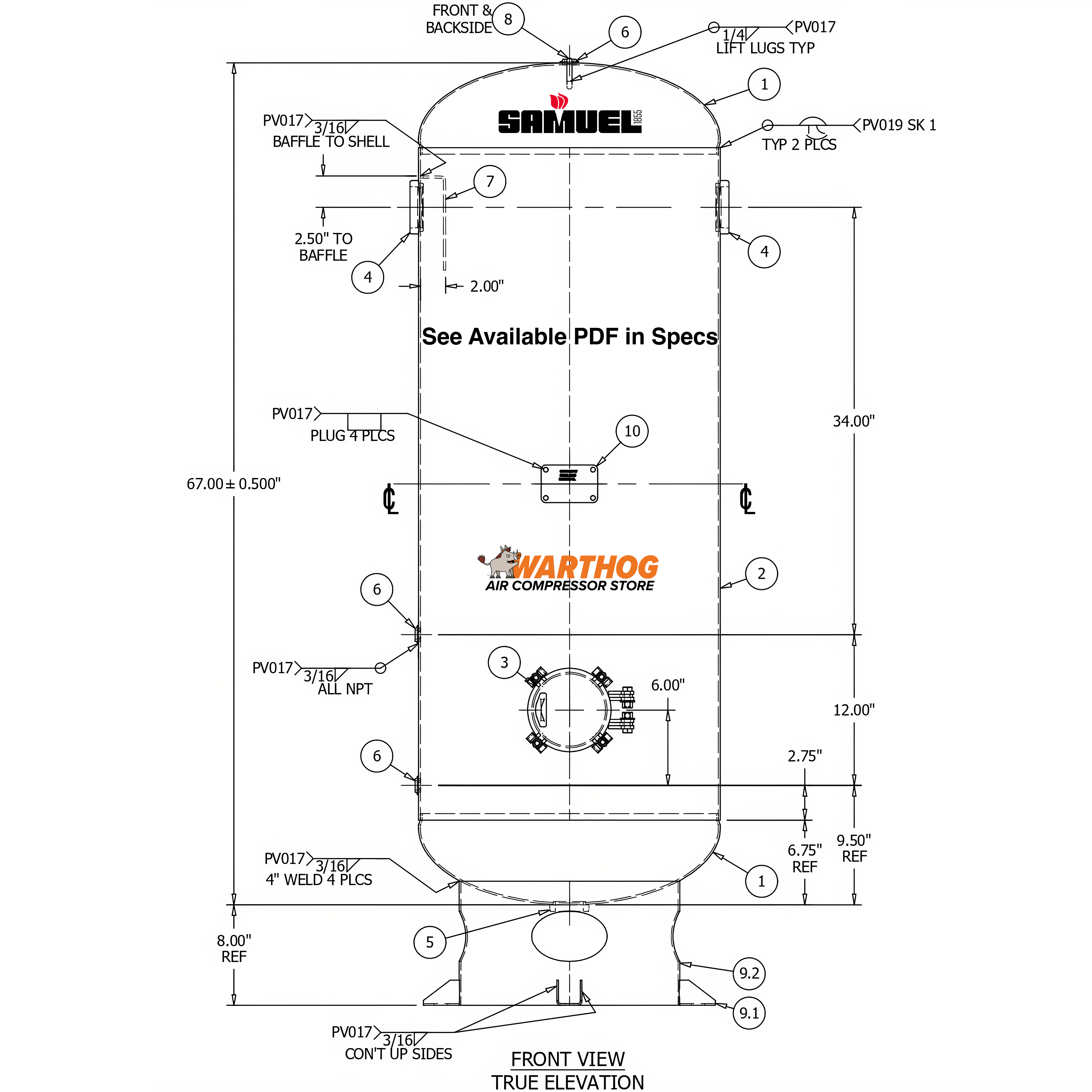 120 Gallon 150PSI Vertical Air Tank By Samuel with 8" basering / 6" hinged closure - Vacuum Rated | V10097