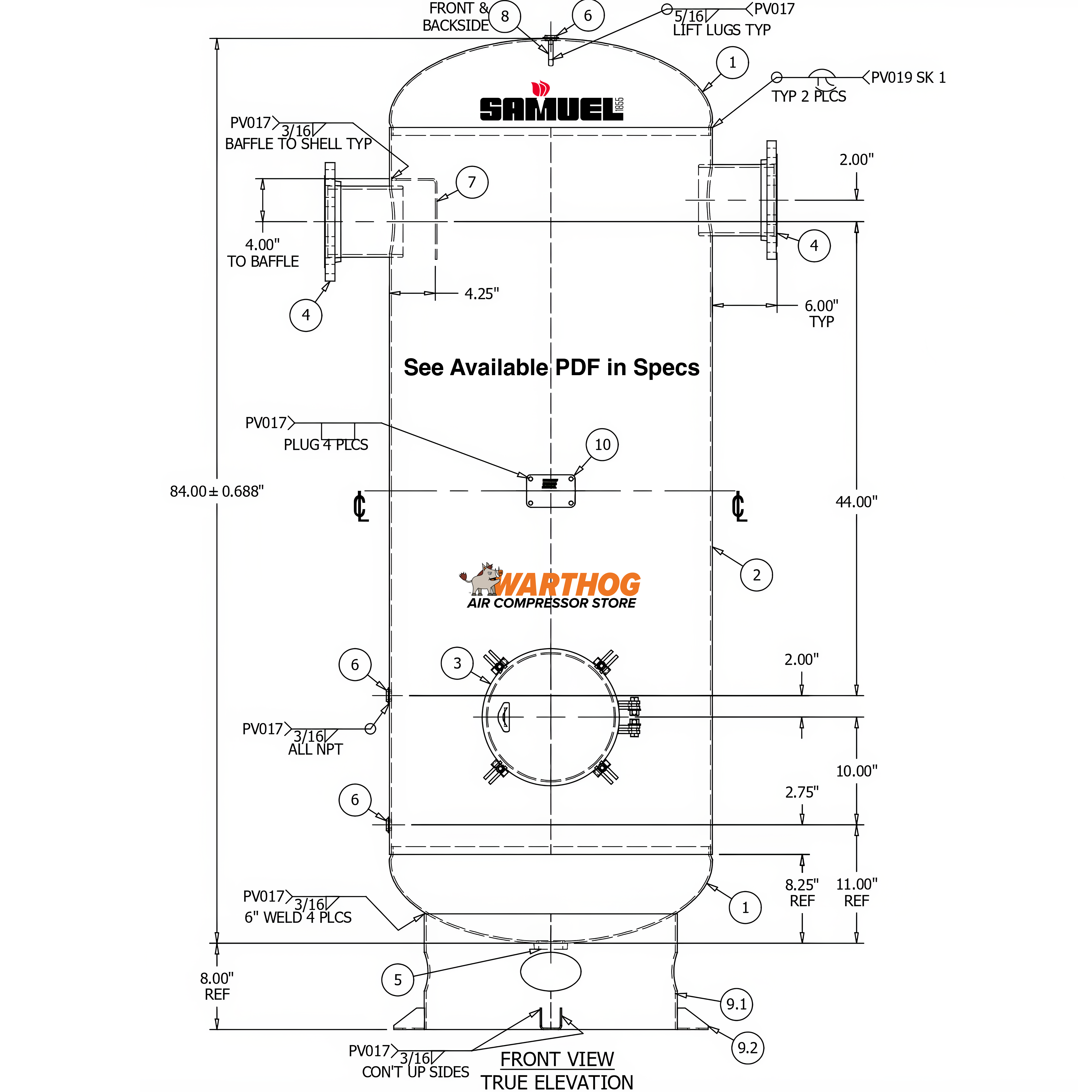 240 Gallon 150PSI Vertical Air Tank By Samuel with 8" basering / 12" hinged closure | V10098