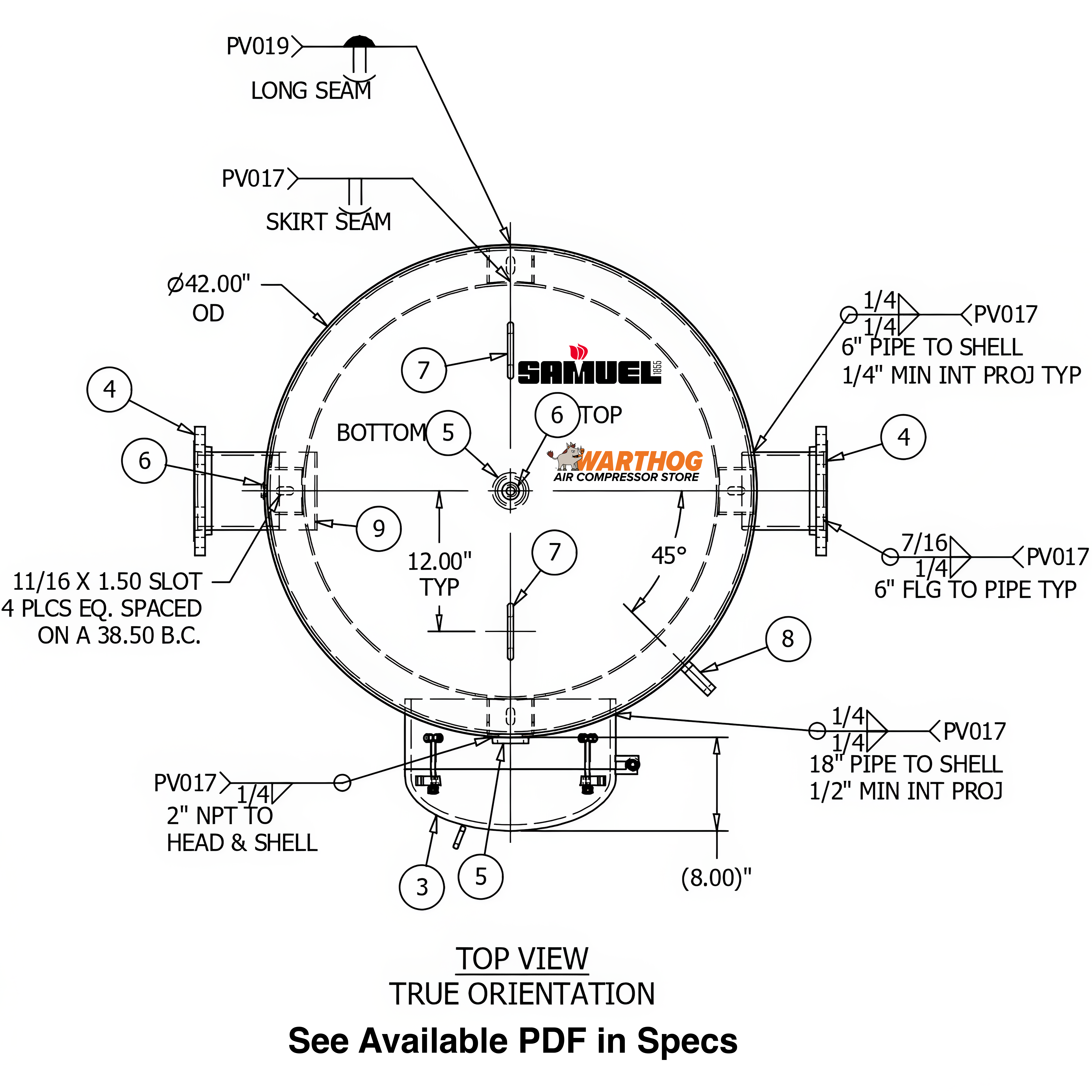 660 Gallon 150PSI Vertical Air Tank By Samuel with 8" basering / 18" hinged closure | V10100