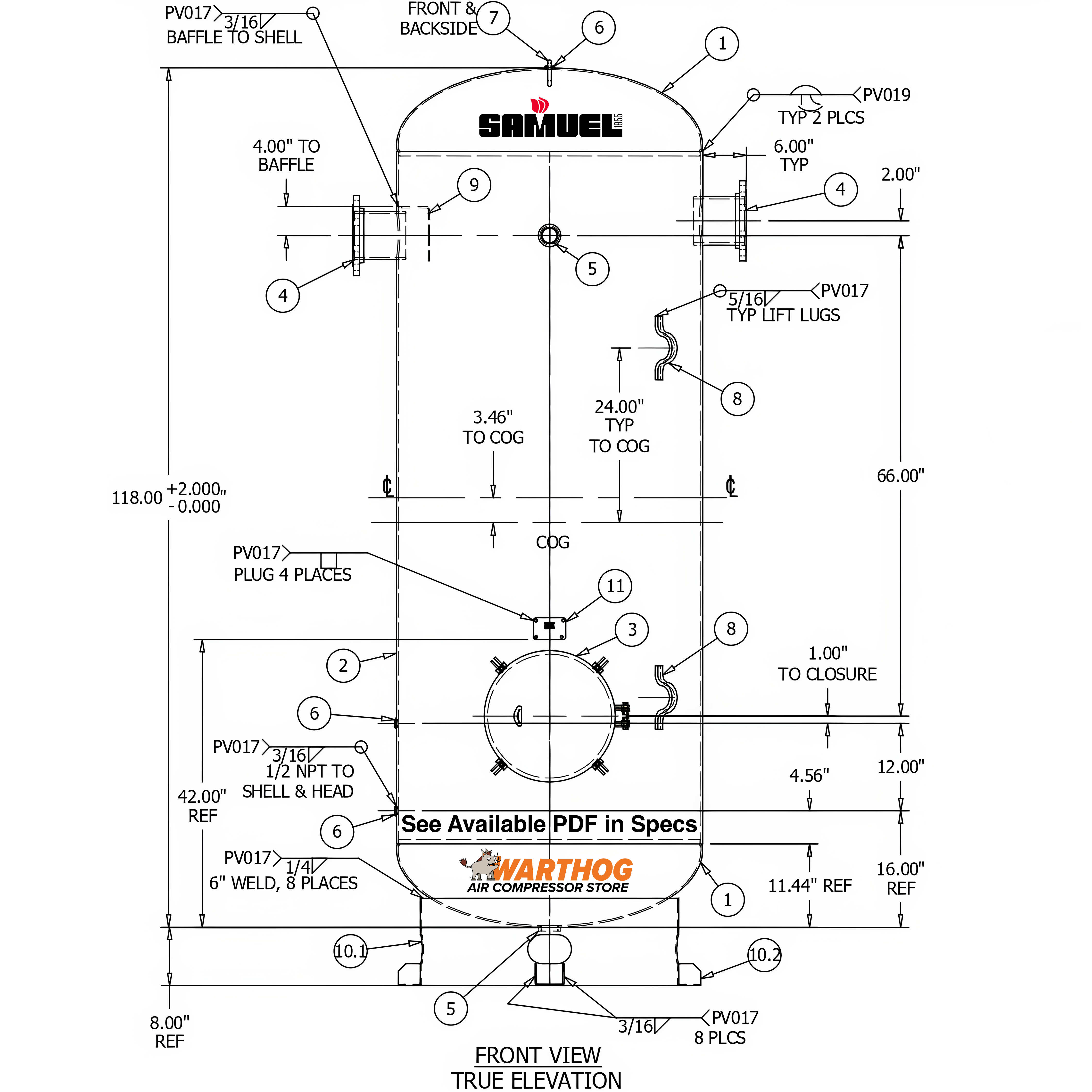 660 Gallon 150PSI Vertical Air Tank By Samuel with 8" basering / 18" hinged closure | V10100
