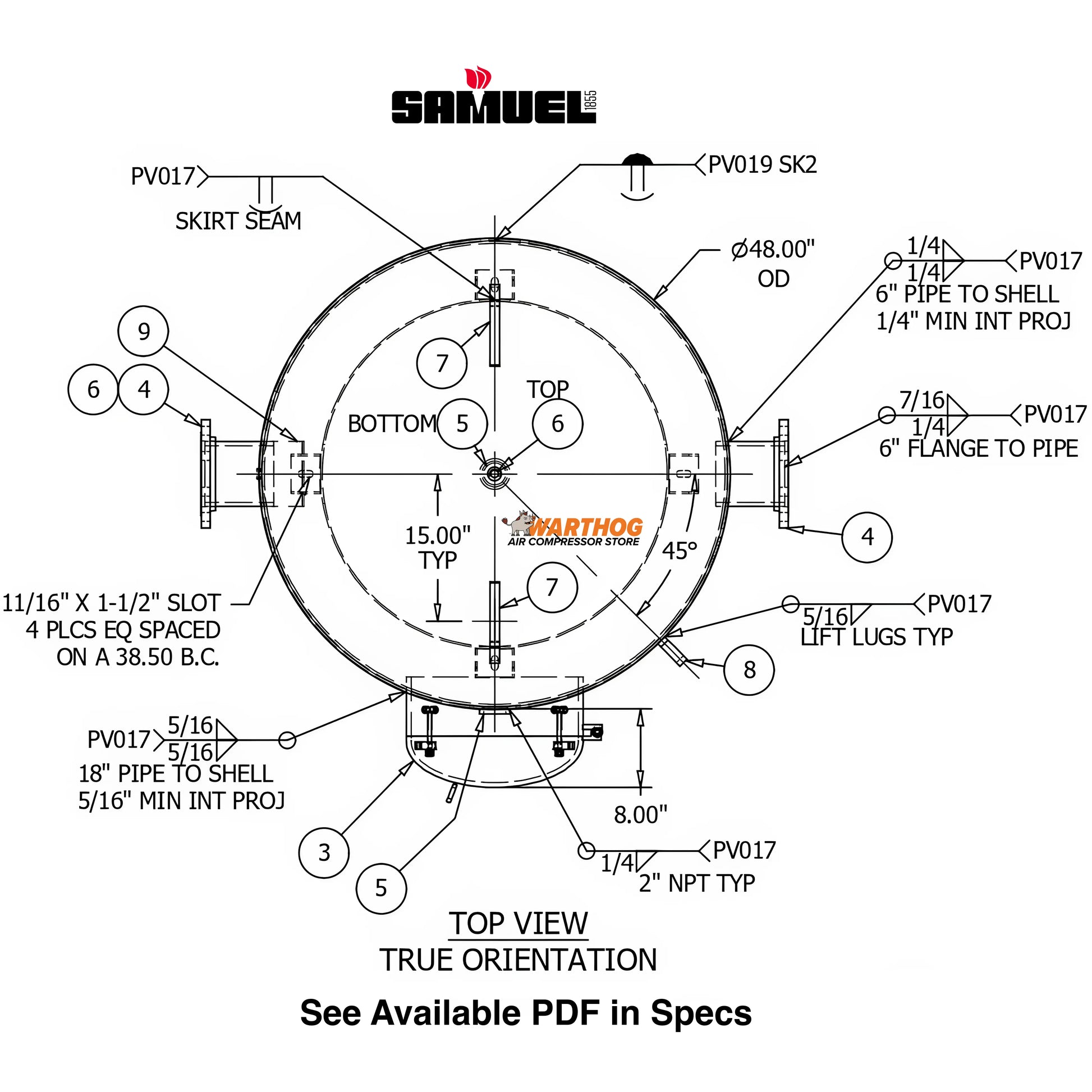 1060 Gallon 150PSI Vertical Air Tank By Samuel with 8" basering / 18" hinged closure - Vacuum Rated | V10101 Samuel