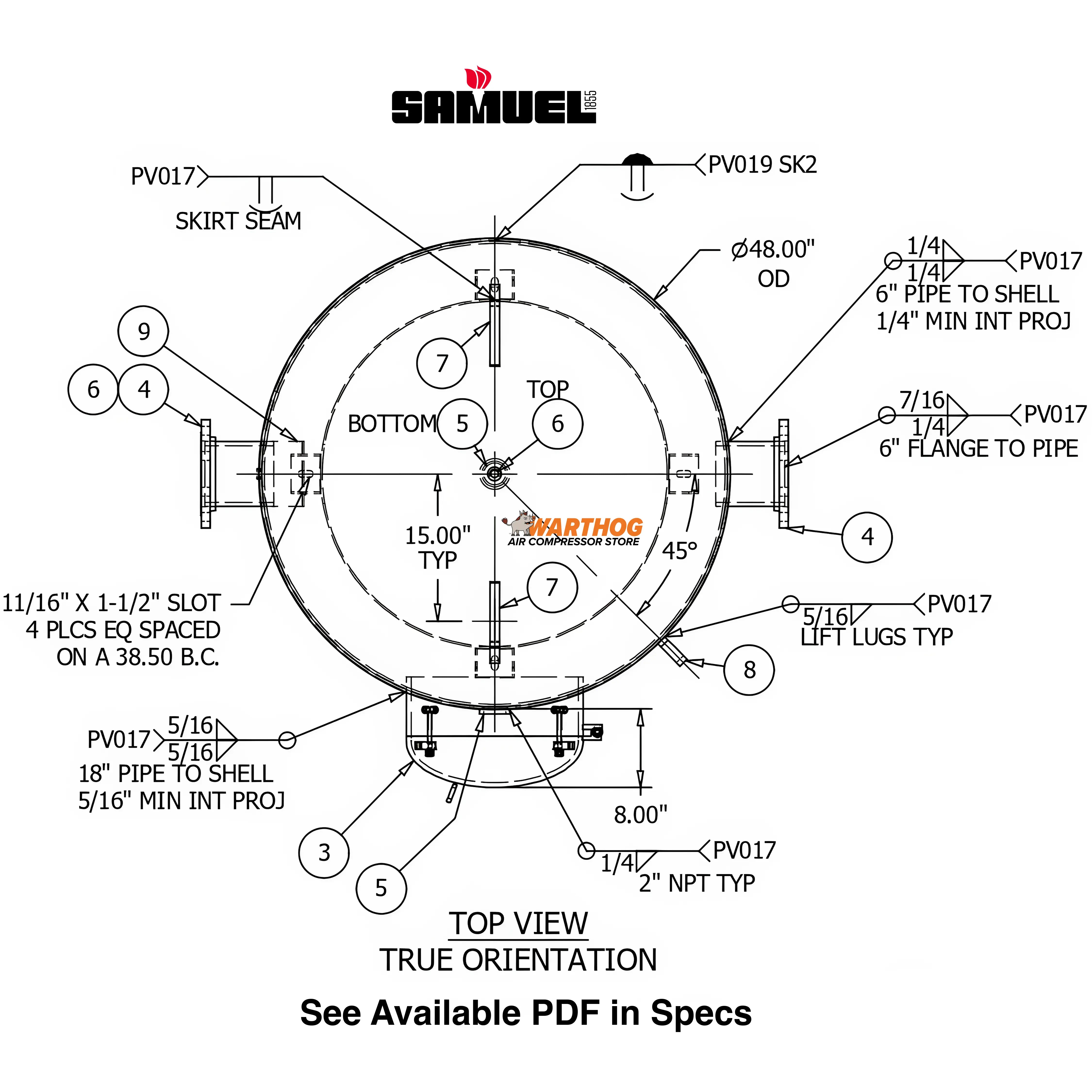1060 Gallon 150PSI Vertical Air Tank By Samuel with 8" basering / 18" hinged closure - Vacuum Rated | V10101 Samuel