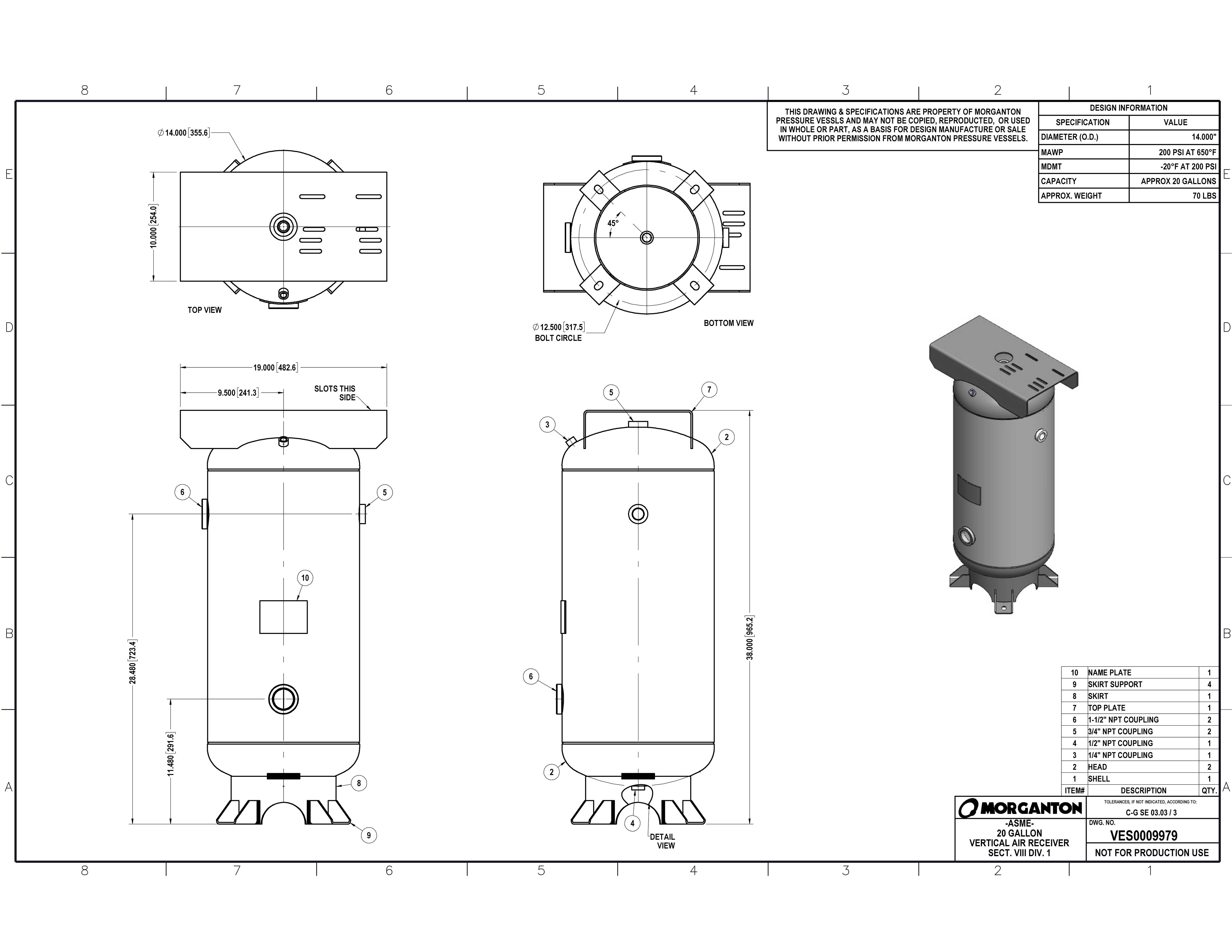 20 Gallon 200 PSI Vertical Air Tank with Feet+Top plate by Morganton | VES0009979