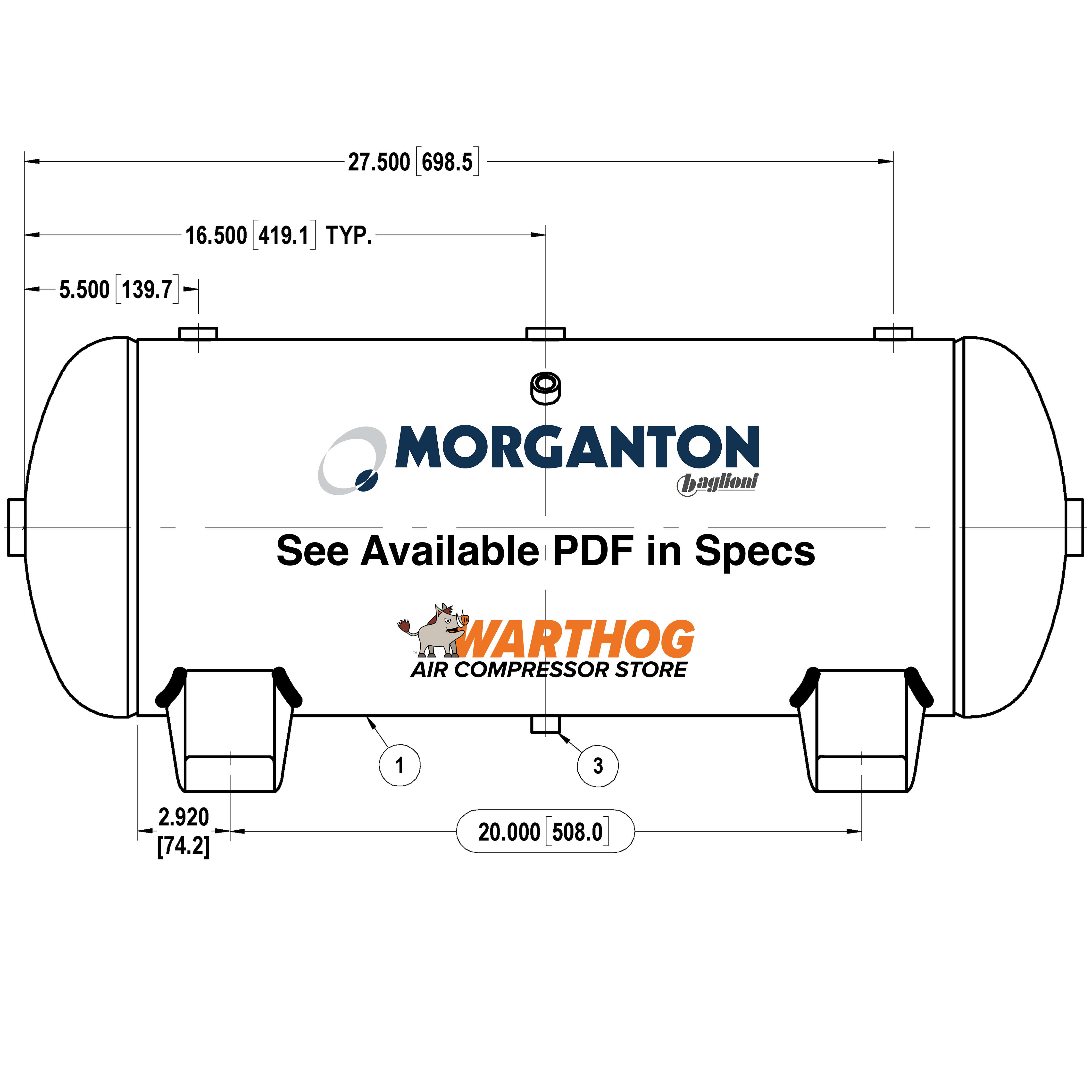 15 Gallon 200 PSI Horizontal Air Tank with Feet by Morganton | VES0010061