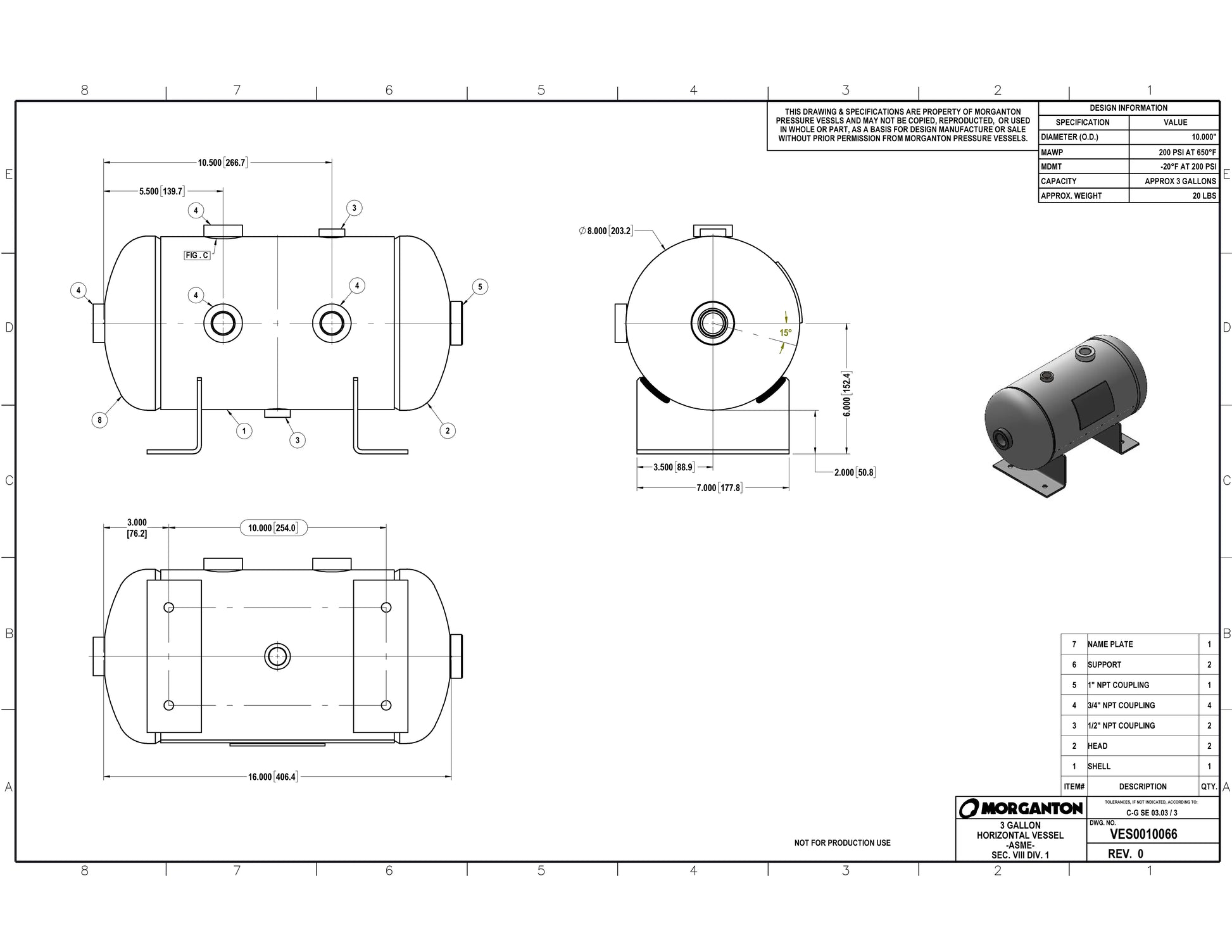 3 Gallon 200 PSI Horizontal Air Tank with Feet by Morganton | VES0010066 Morganton