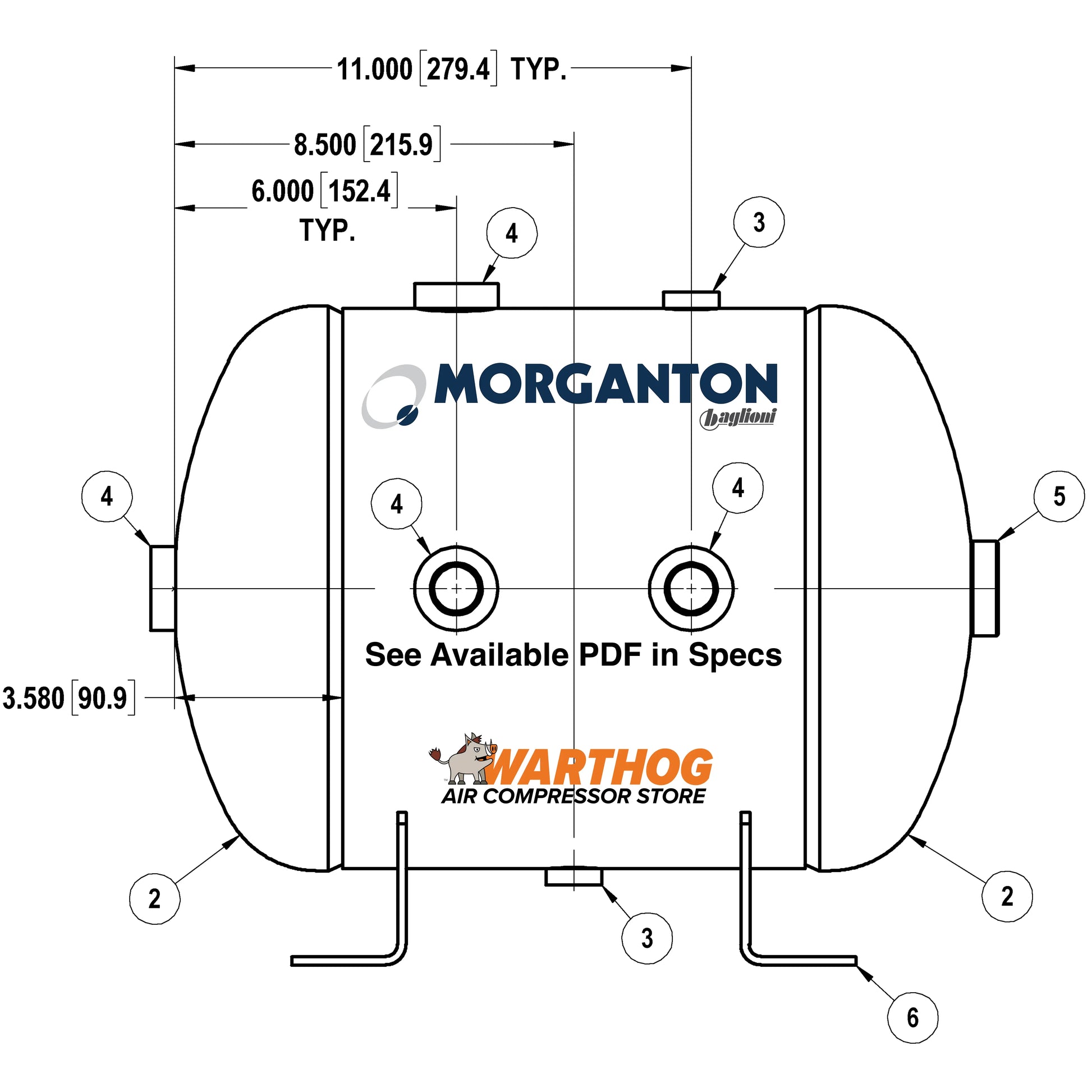 7 Gallon 200 PSI Horizontal Air Tank with Feet by Morganton | VES0010068 Morganton