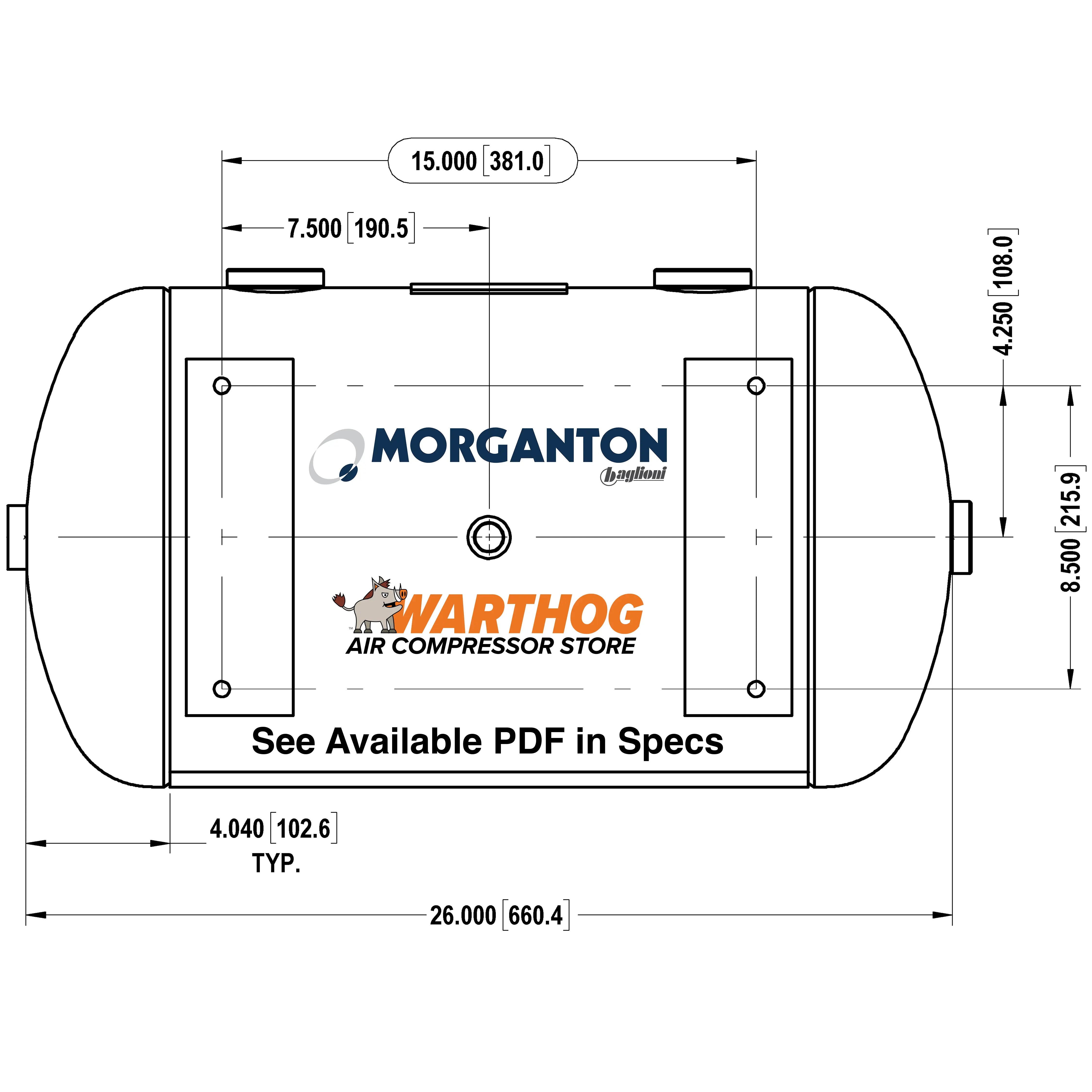 15 Gallon 200 PSI Horizontal Air Tank with Feet by Morganton | VES0010070 Morganton