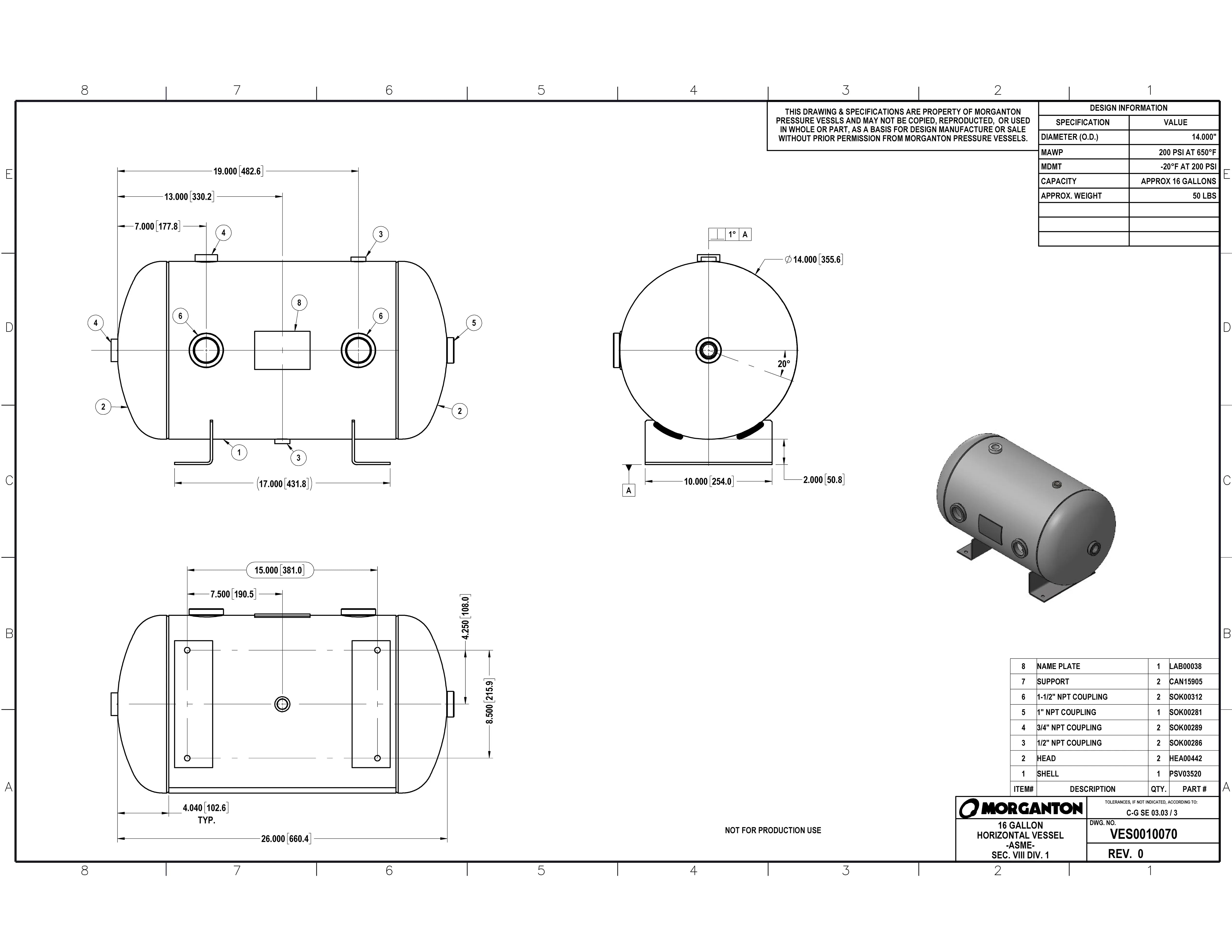 15 Gallon 200 PSI Horizontal Air Tank with Feet by Morganton | VES0010070 Morganton