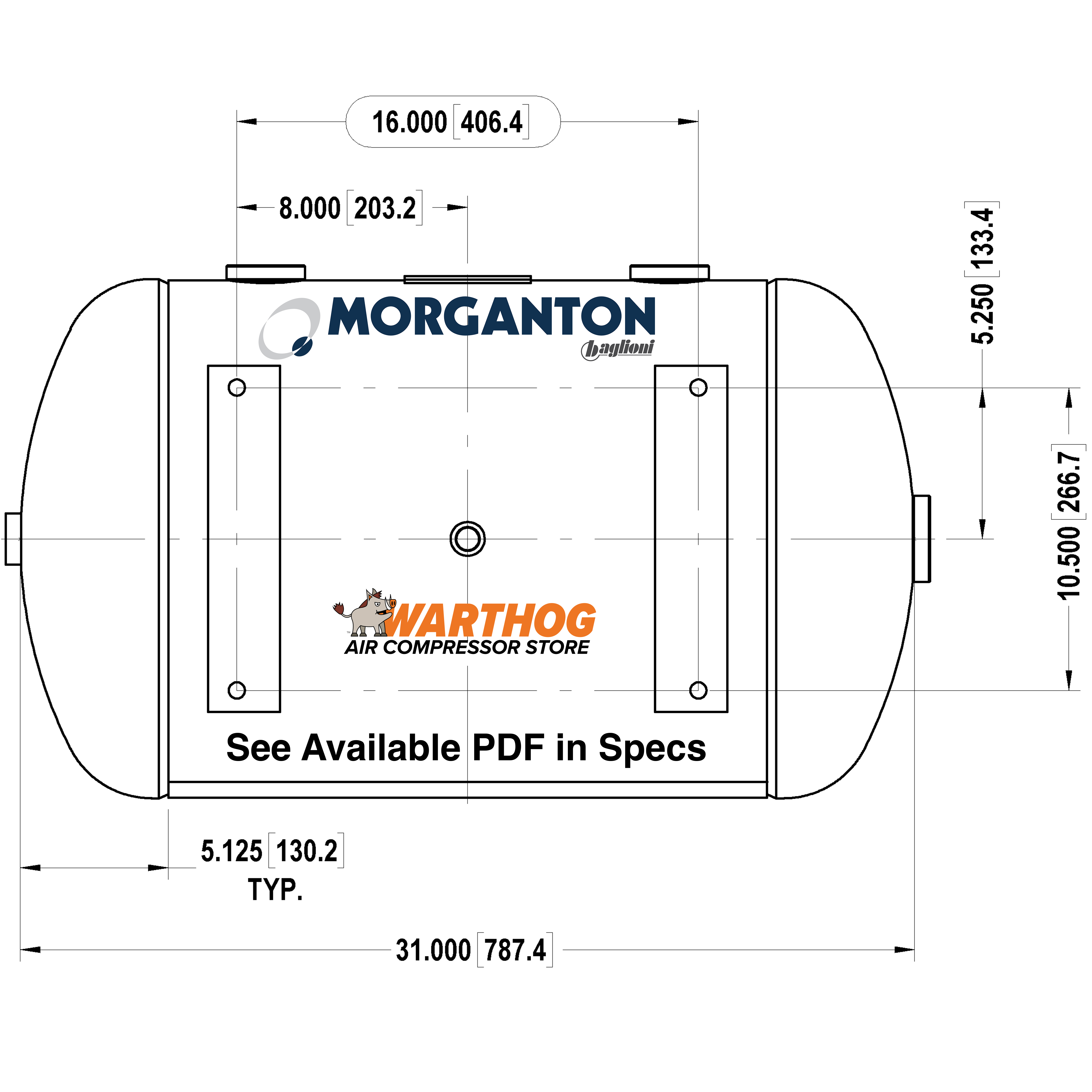30 Gallon 200 PSI Horizontal Air Tank with Feet by Morganton | VES0010073