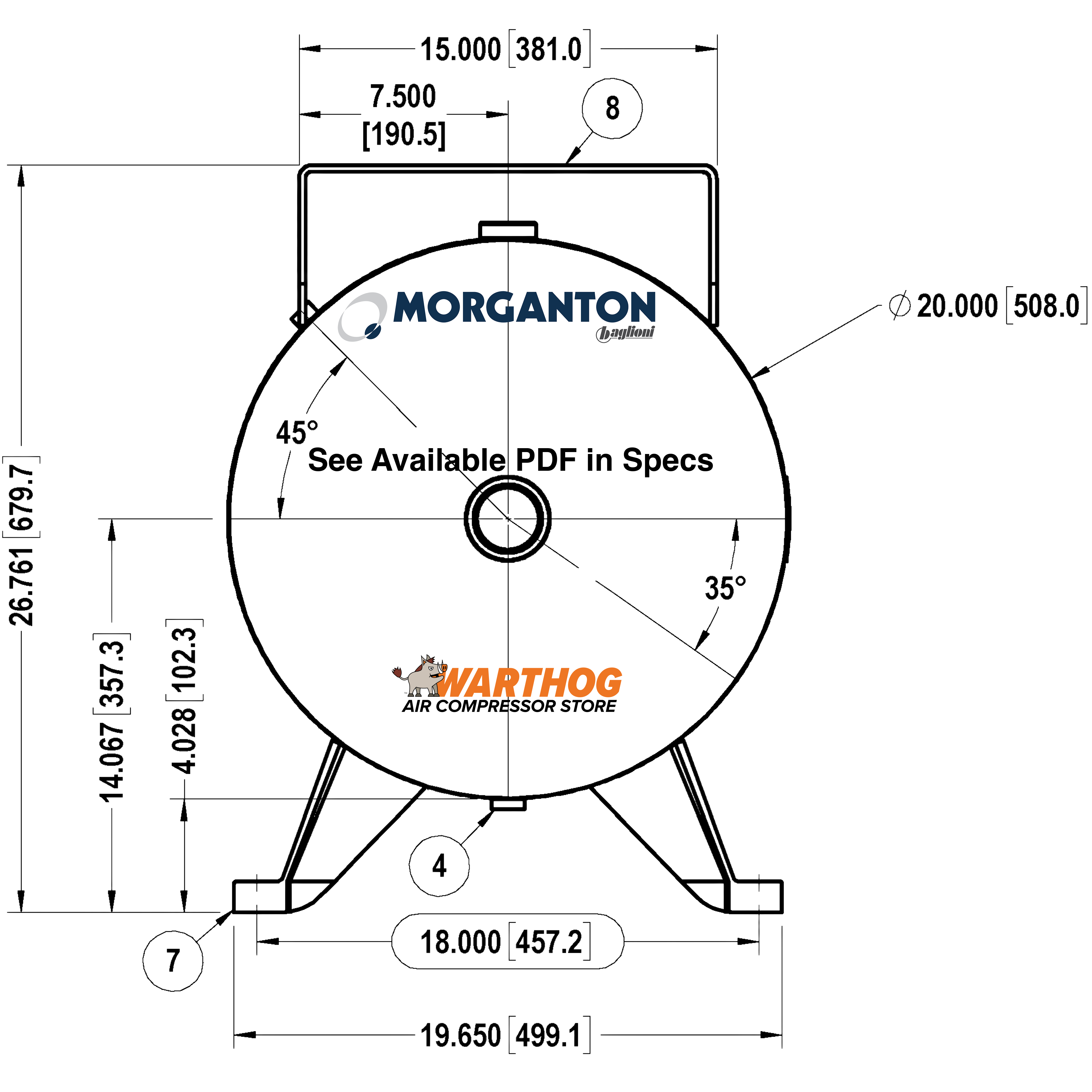 80 Gallon 200 PSI Horizontal Air Tank with Feet+Extended Top plate by Morganton | VES0010251
