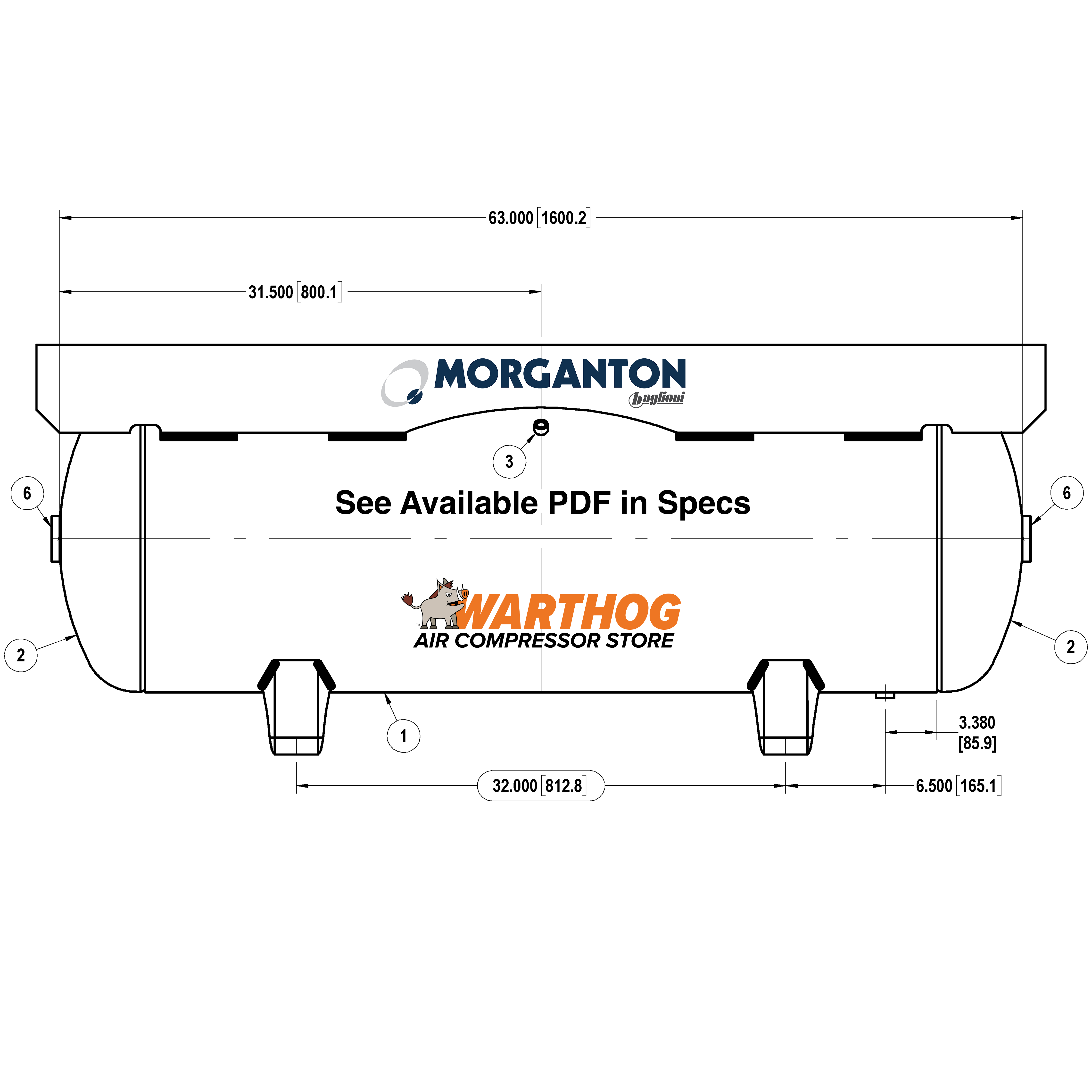 80 Gallon 200 PSI Horizontal Air Tank with Feet+Extended Top plate by Morganton | VES0010251