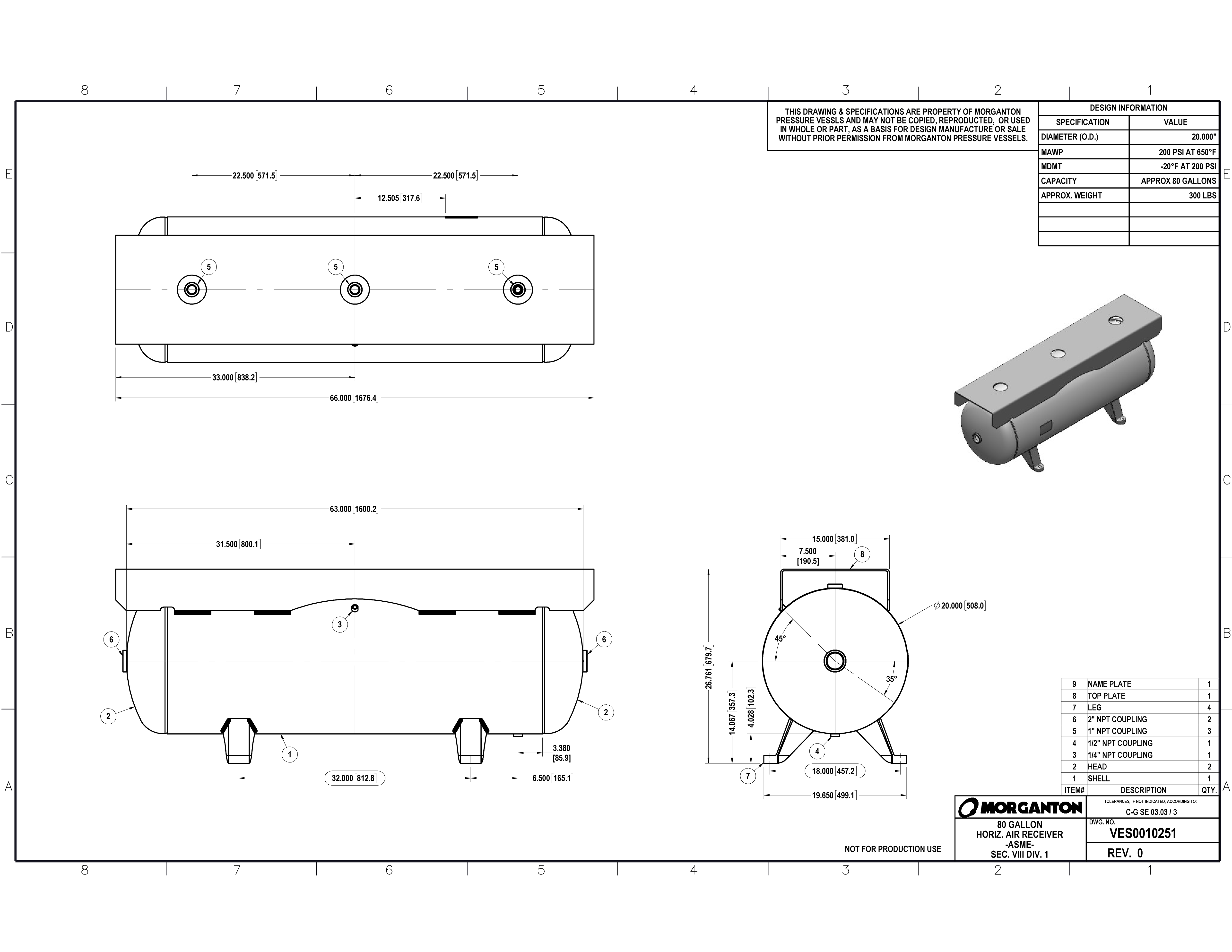 80 Gallon 200 PSI Horizontal Air Tank with Feet+Extended Top plate by Morganton | VES0010251