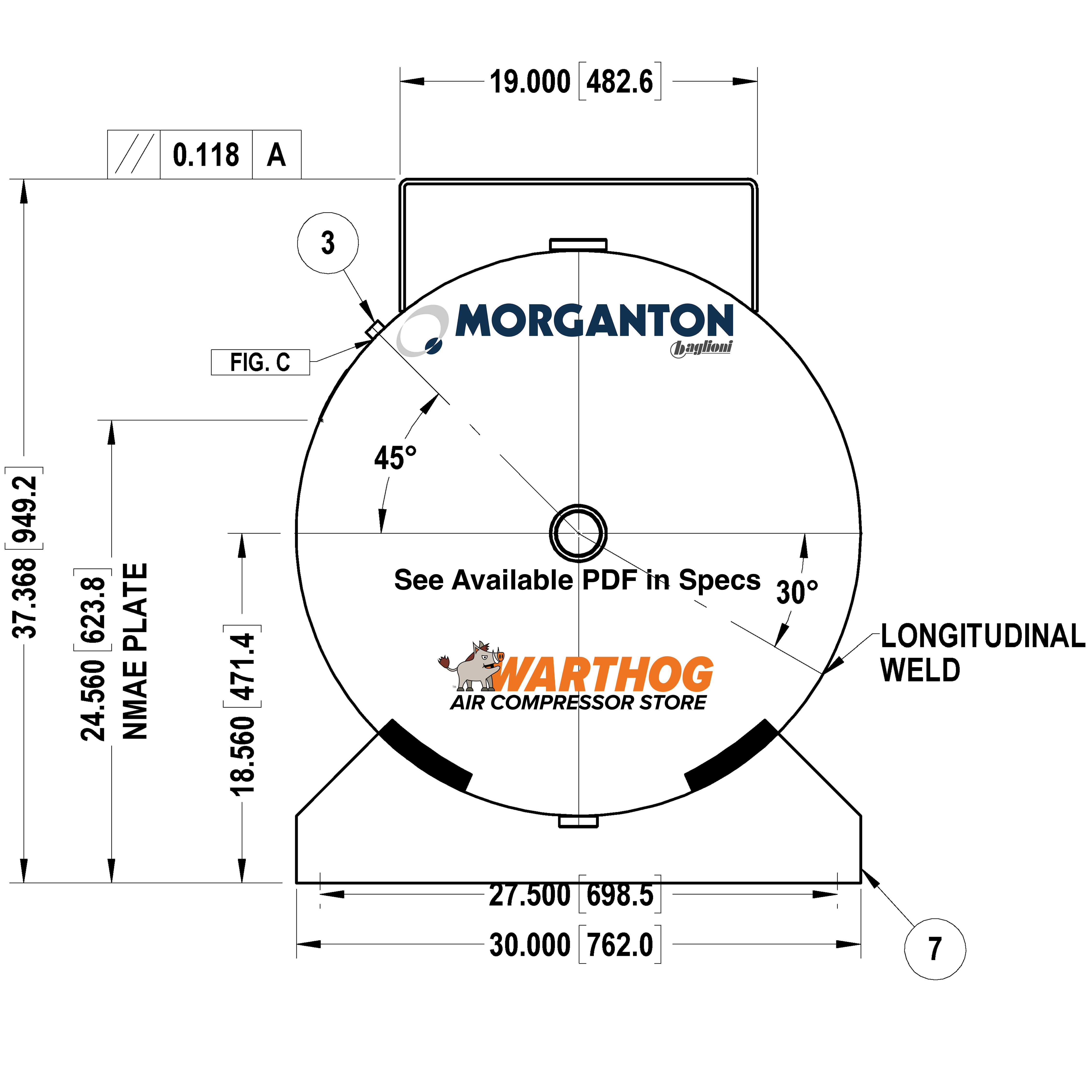 240 Gallon 300 PSI Horizontal Air Tank with Saddle+Top plate by Morganton | VES0010449