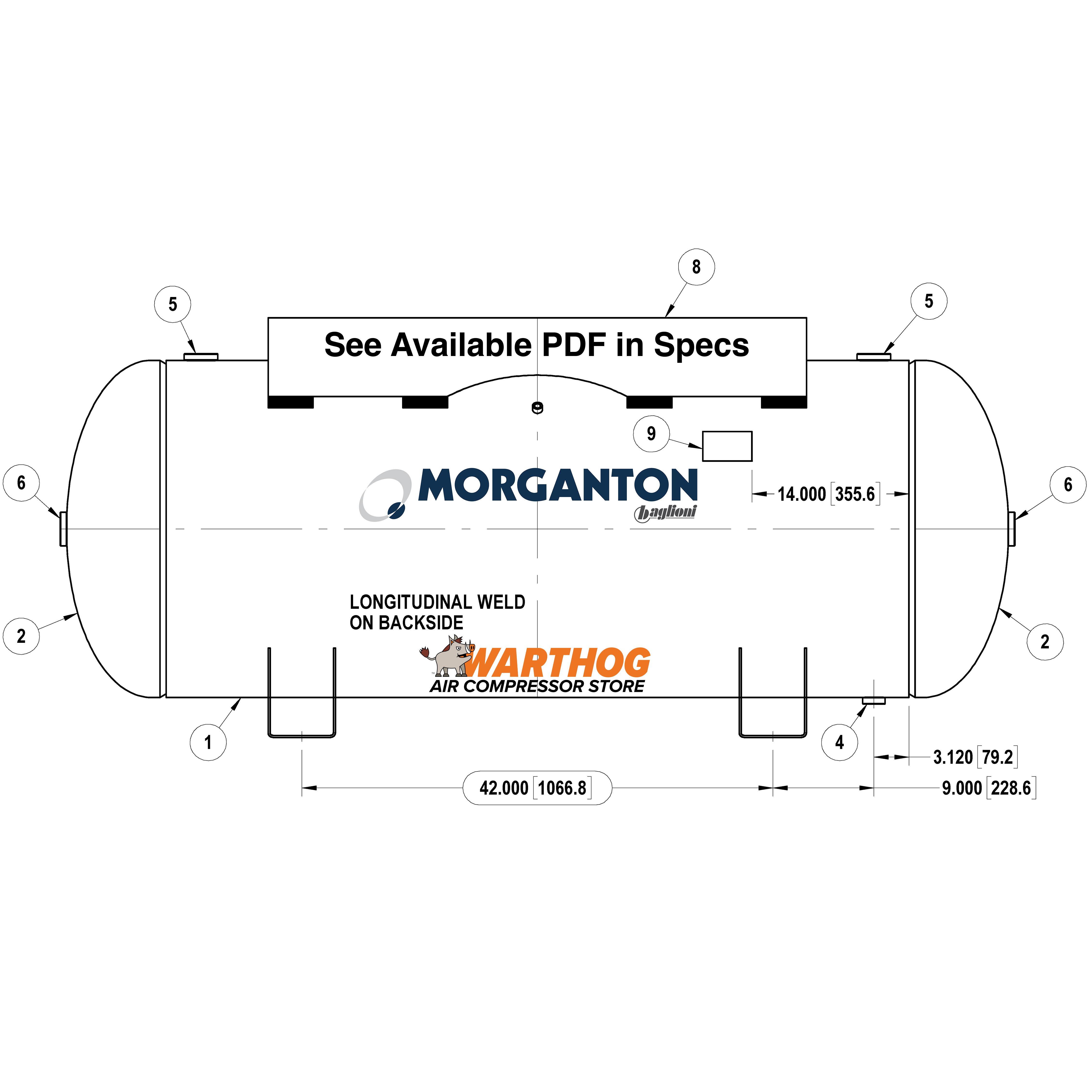 240 Gallon 300 PSI Horizontal Air Tank with Saddle+Top plate by Morganton | VES0010449