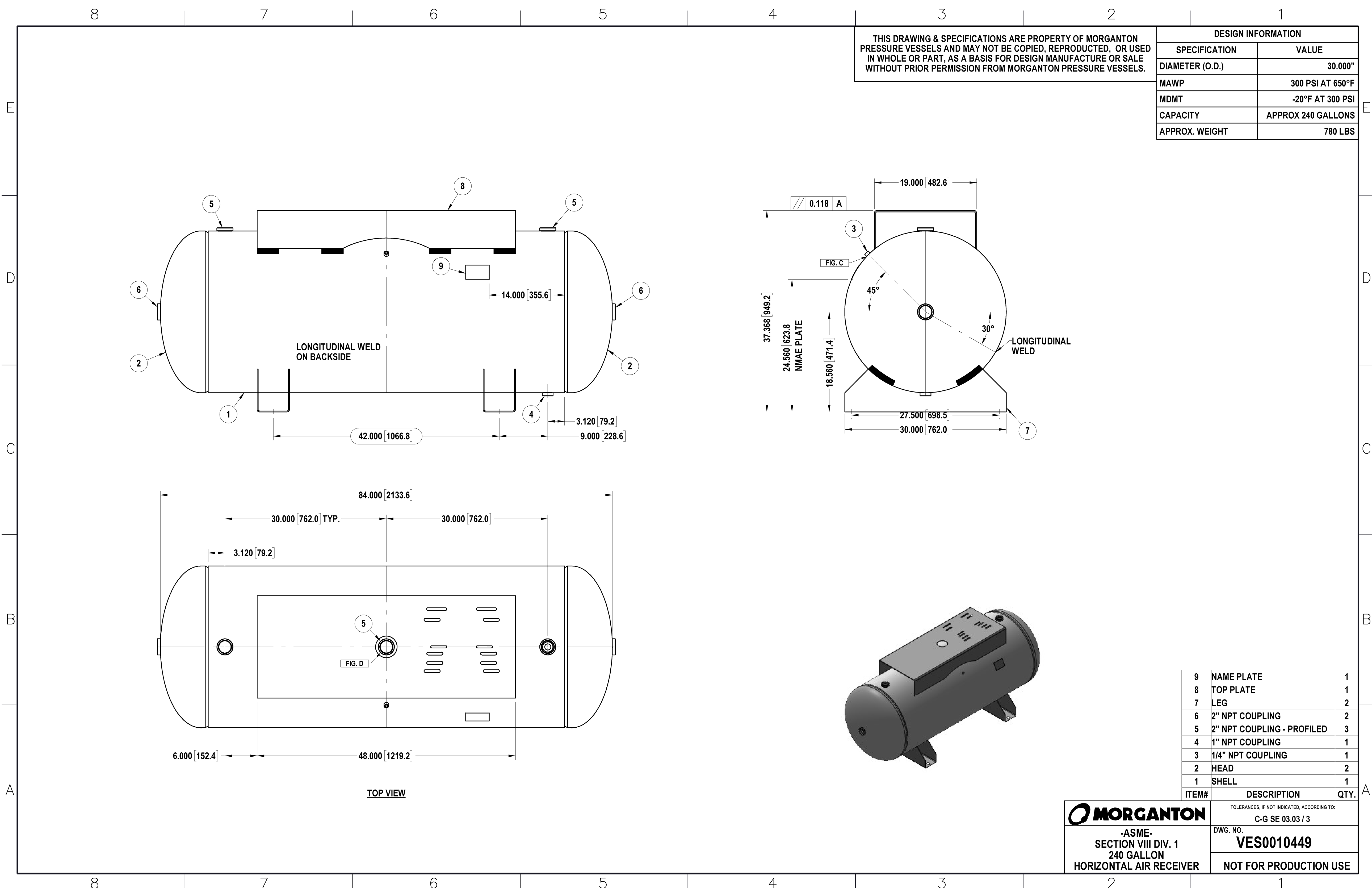 240 Gallon 300 PSI Horizontal Air Tank with Saddle+Top plate by Morganton | VES0010449