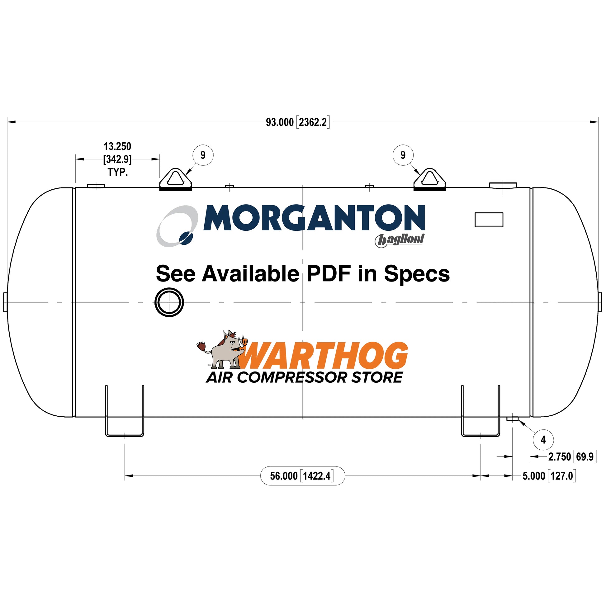 400 Gallon 165PSI Horizontal Air Tank By Morganton with Saddle legs | VES0010575 Morganton