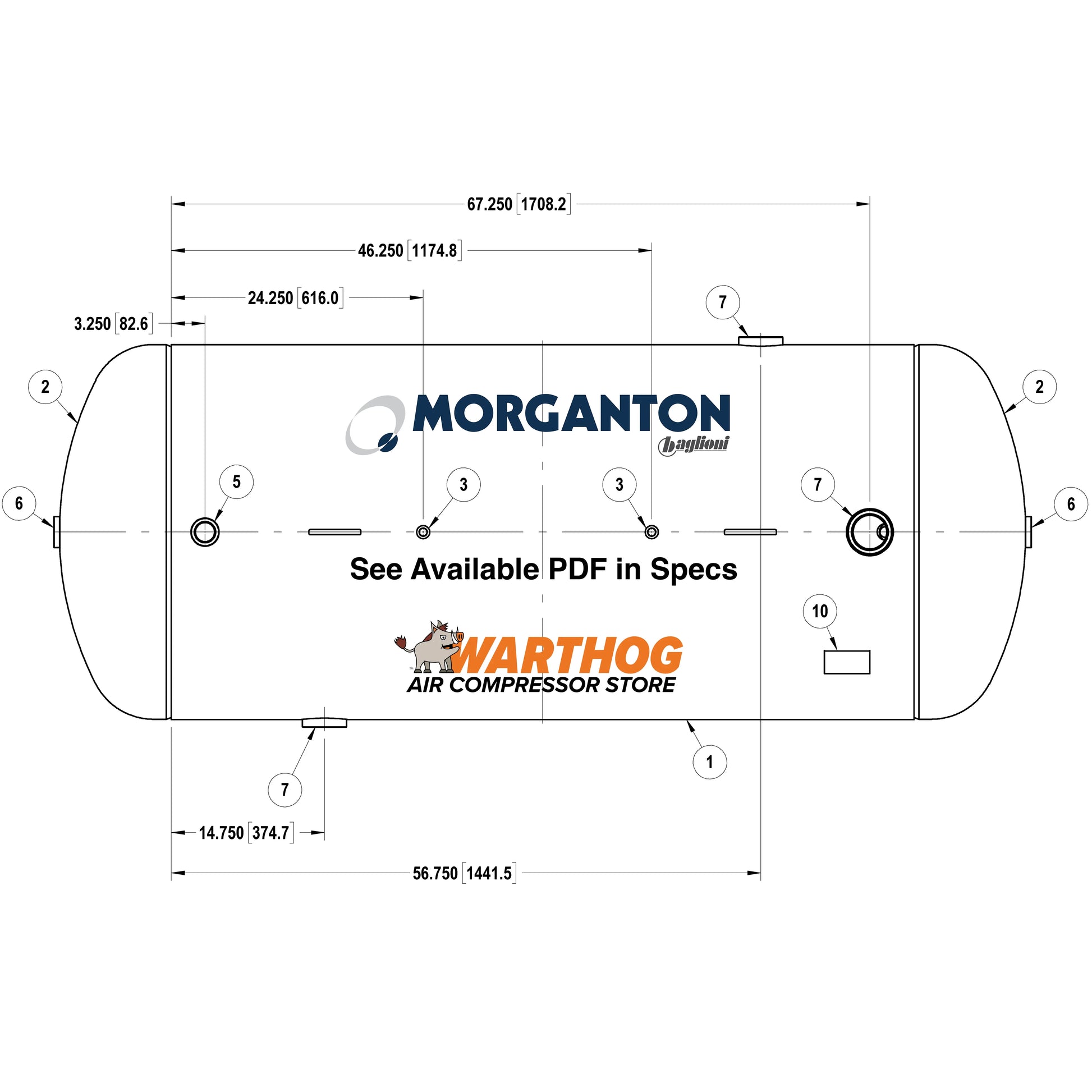 400 Gallon 165PSI Horizontal Air Tank By Morganton with Saddle legs | VES0010575 Morganton