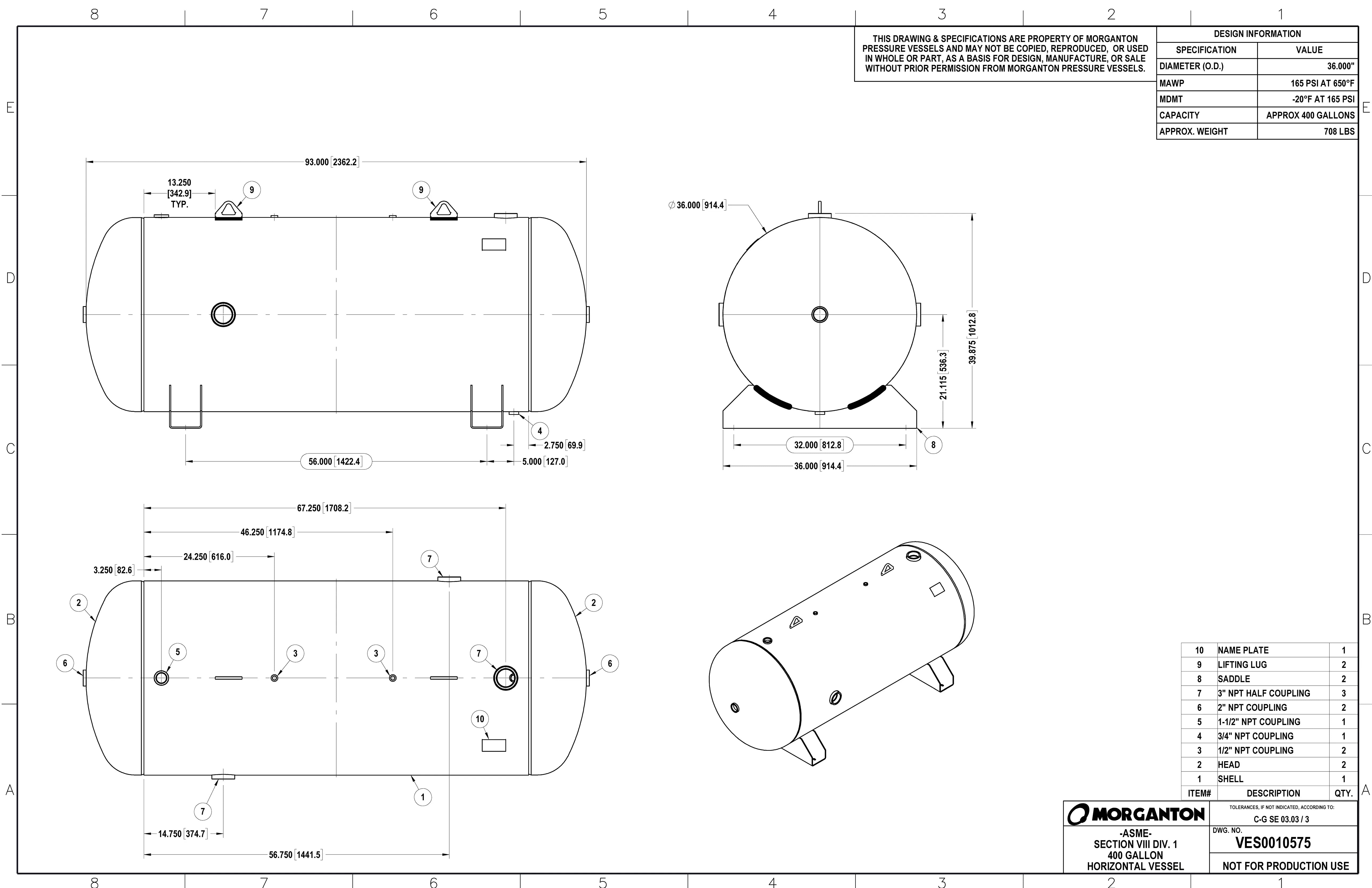 400 Gallon 165PSI Horizontal Air Tank By Morganton with Saddle legs | VES0010575 Morganton
