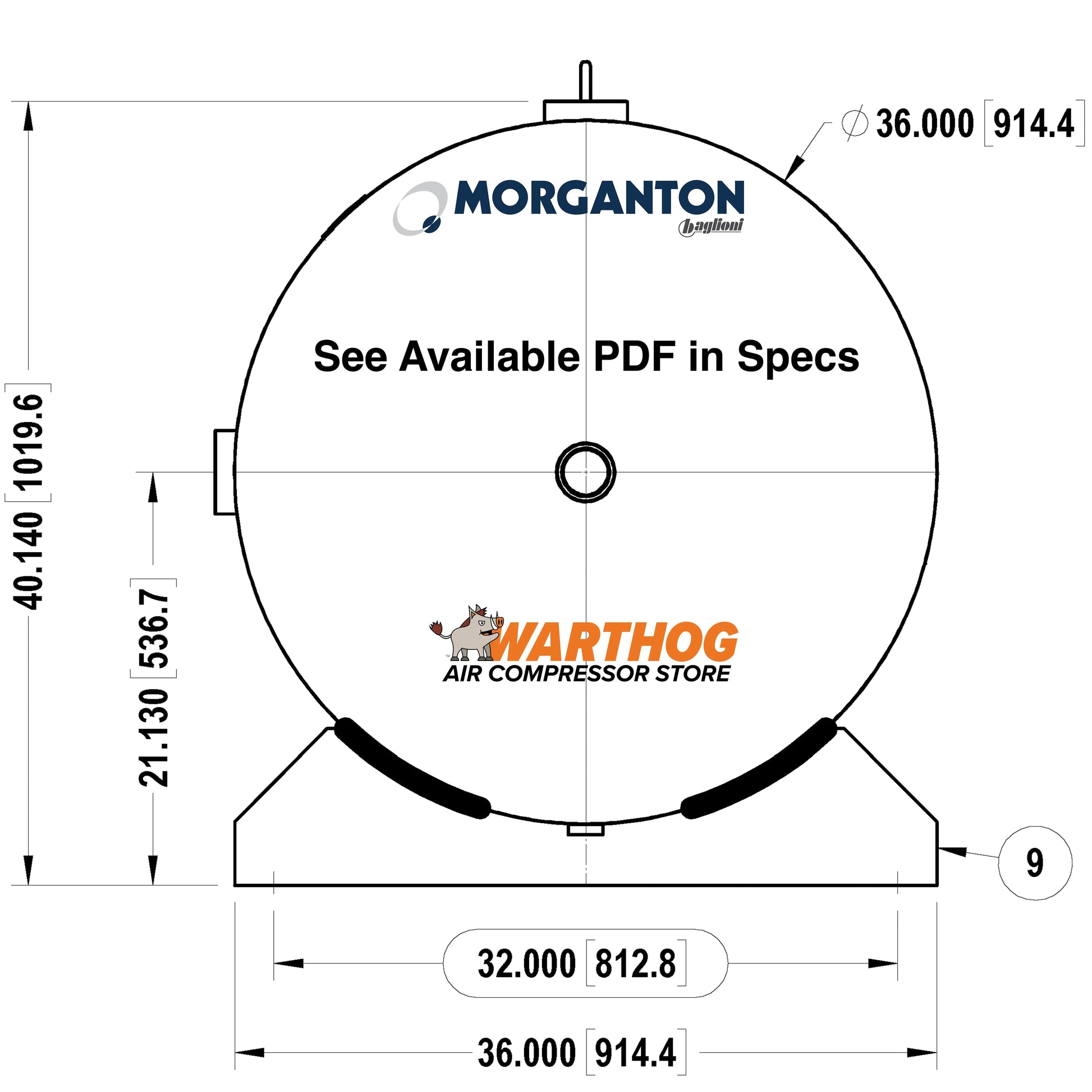 500 Gallon 165 PSI Horizontal Air Tank with Saddle by Morganton | VES0010720 Morganton