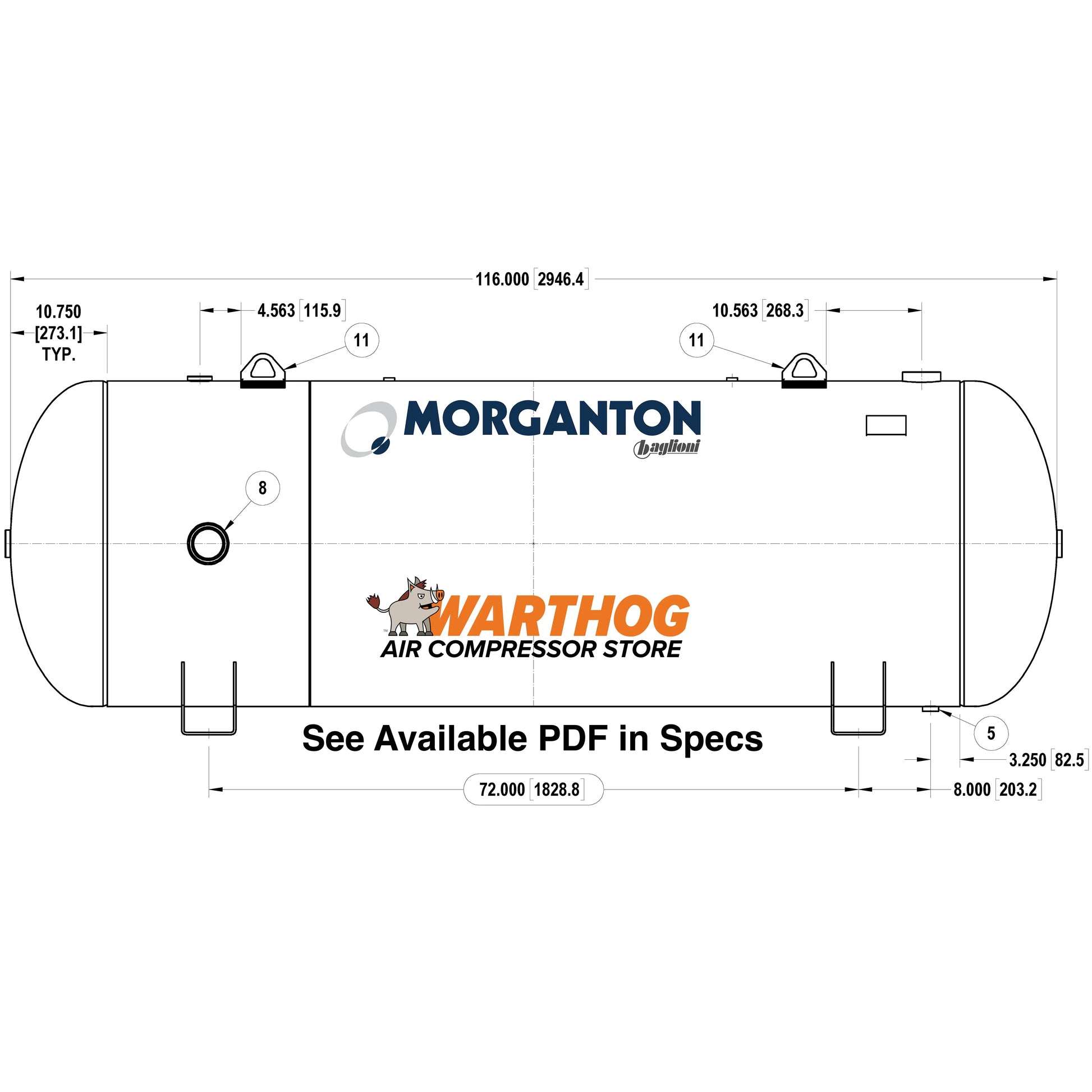500 Gallon 165 PSI Horizontal Air Tank with Saddle by Morganton | VES0010720 Morganton