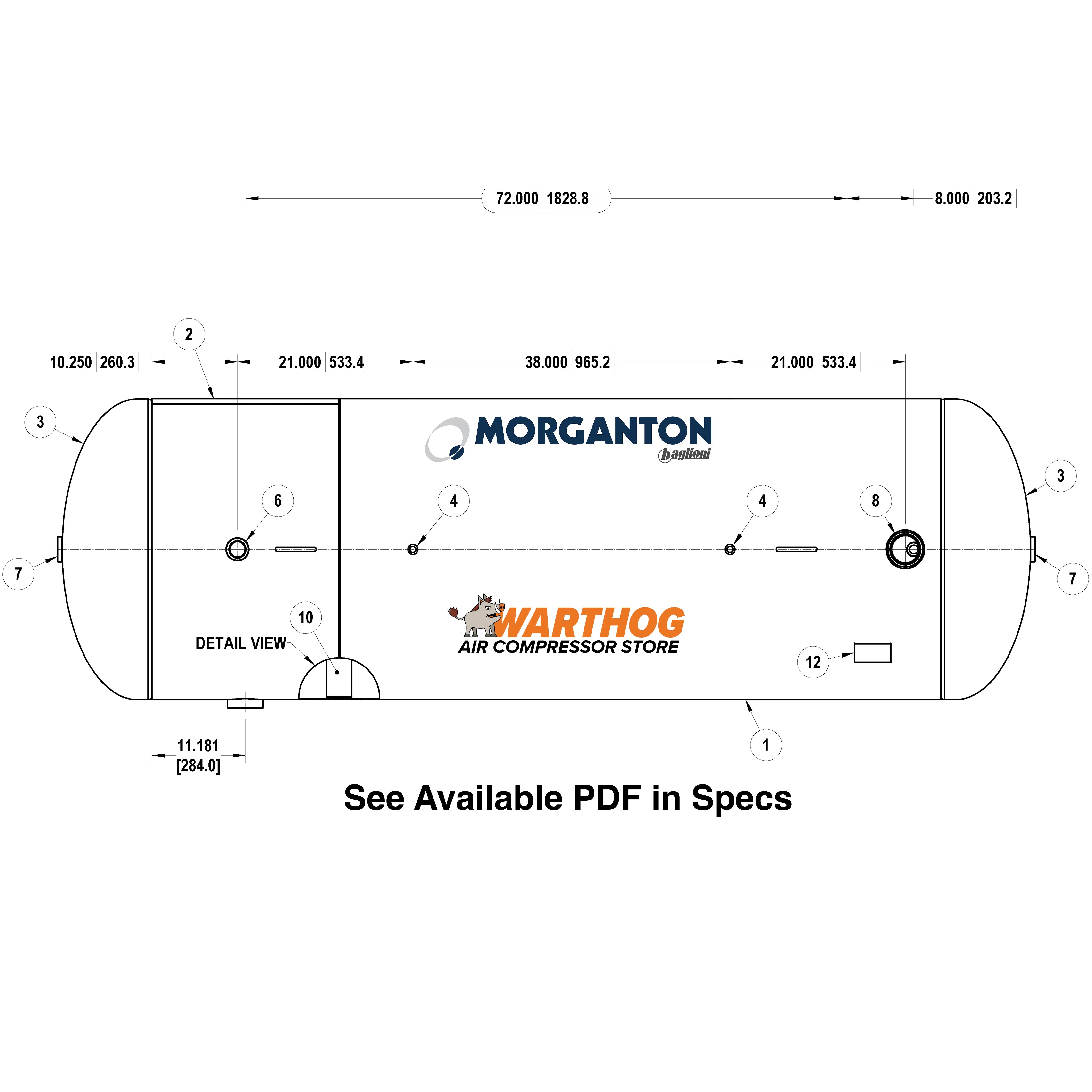 500 Gallon 165 PSI Horizontal Air Tank with Saddle by Morganton | VES0010720 Morganton