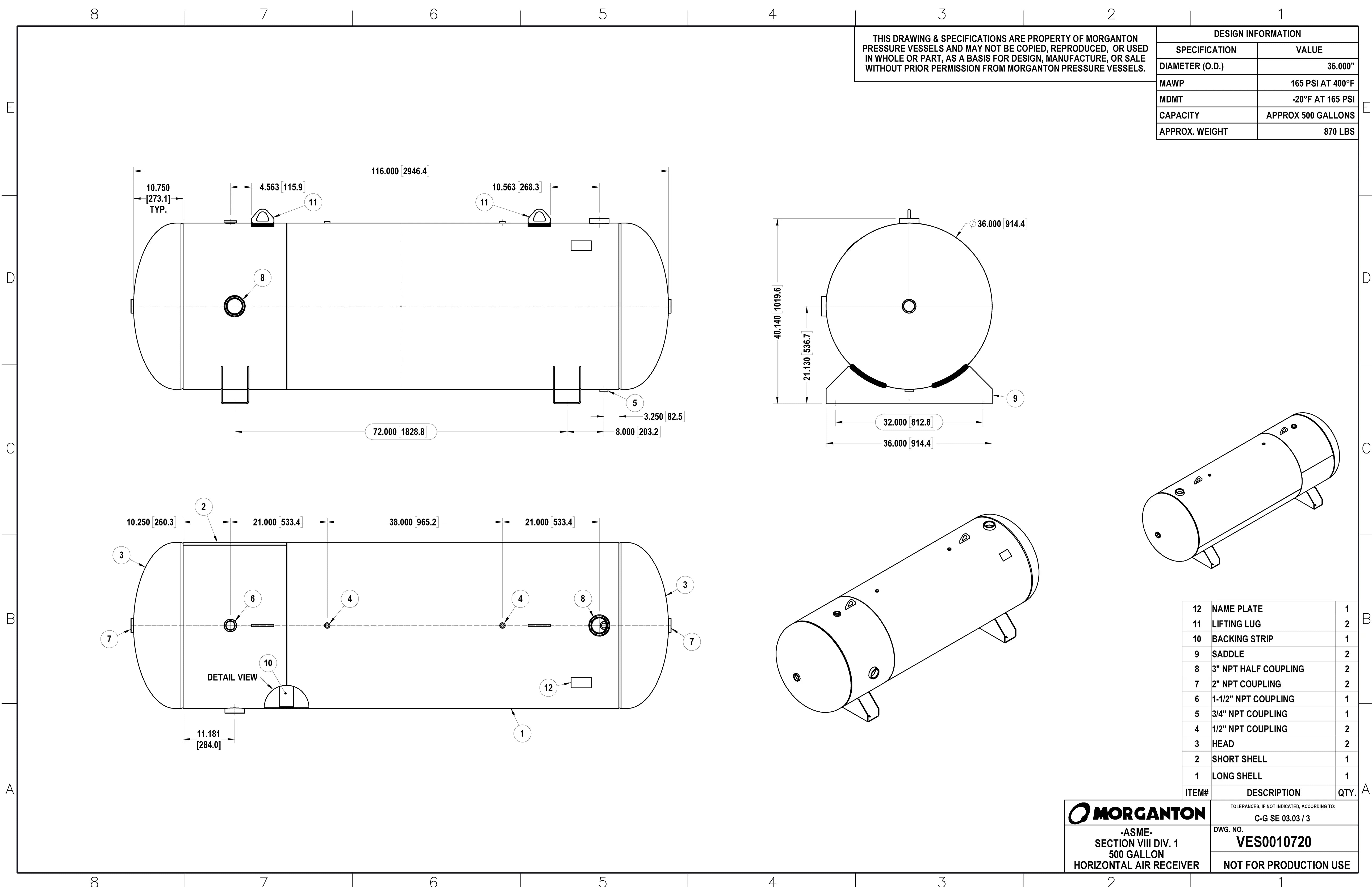 500 Gallon 165 PSI Horizontal Air Tank with Saddle by Morganton | VES0010720 Morganton