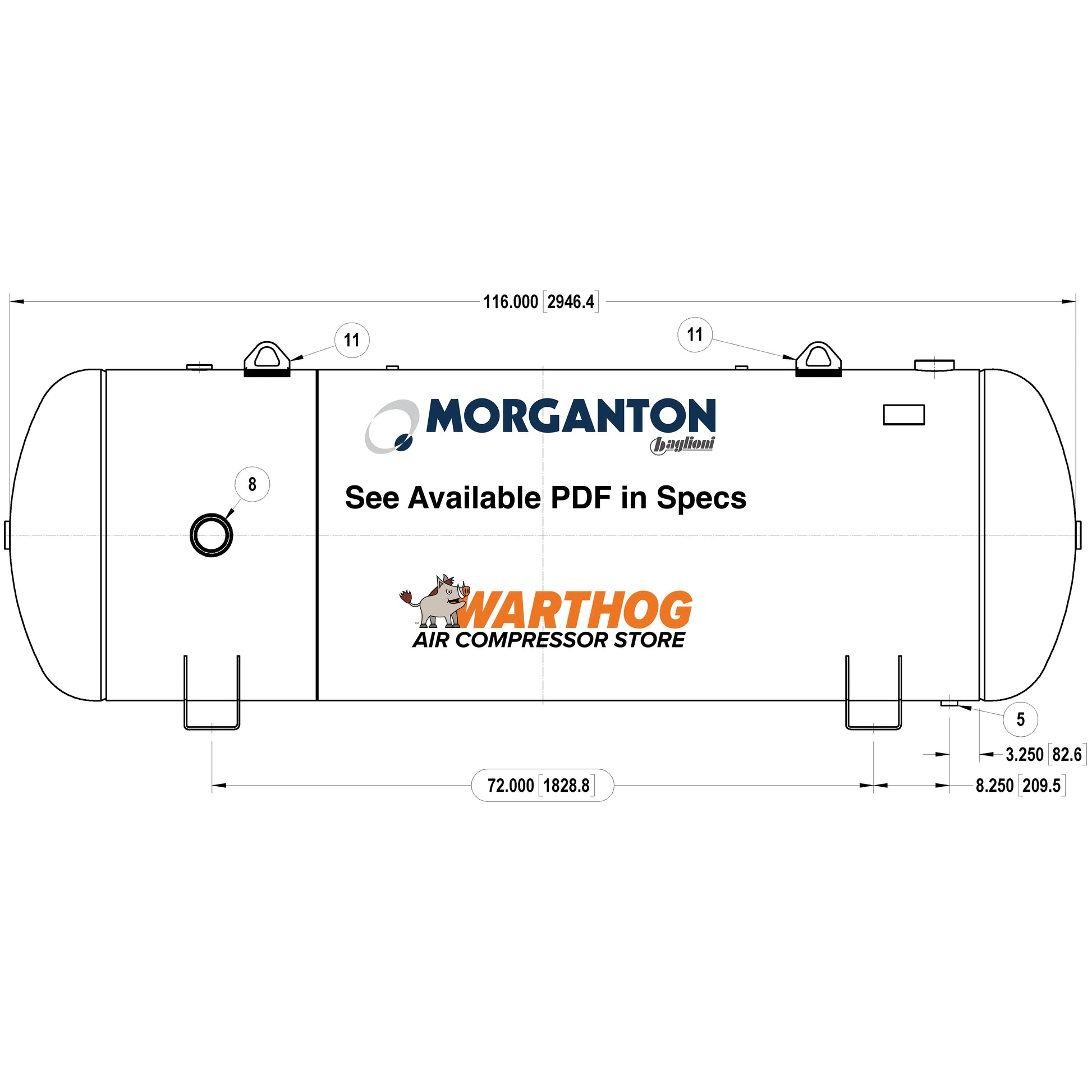 500 Gallon 200PSI Horizontal Air Tank with Saddle by Morganton | VES0010721 Morganton