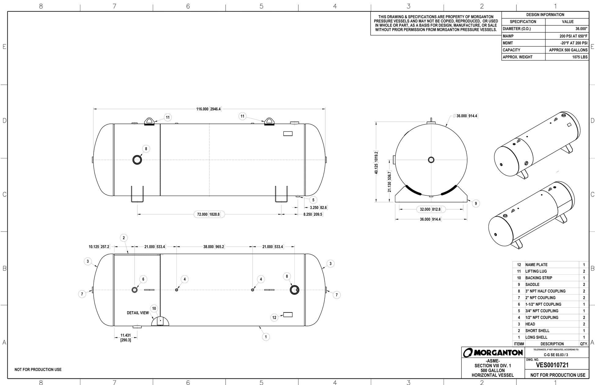 500 Gallon 200PSI Horizontal Air Tank with Saddle by Morganton | VES0010721 Morganton