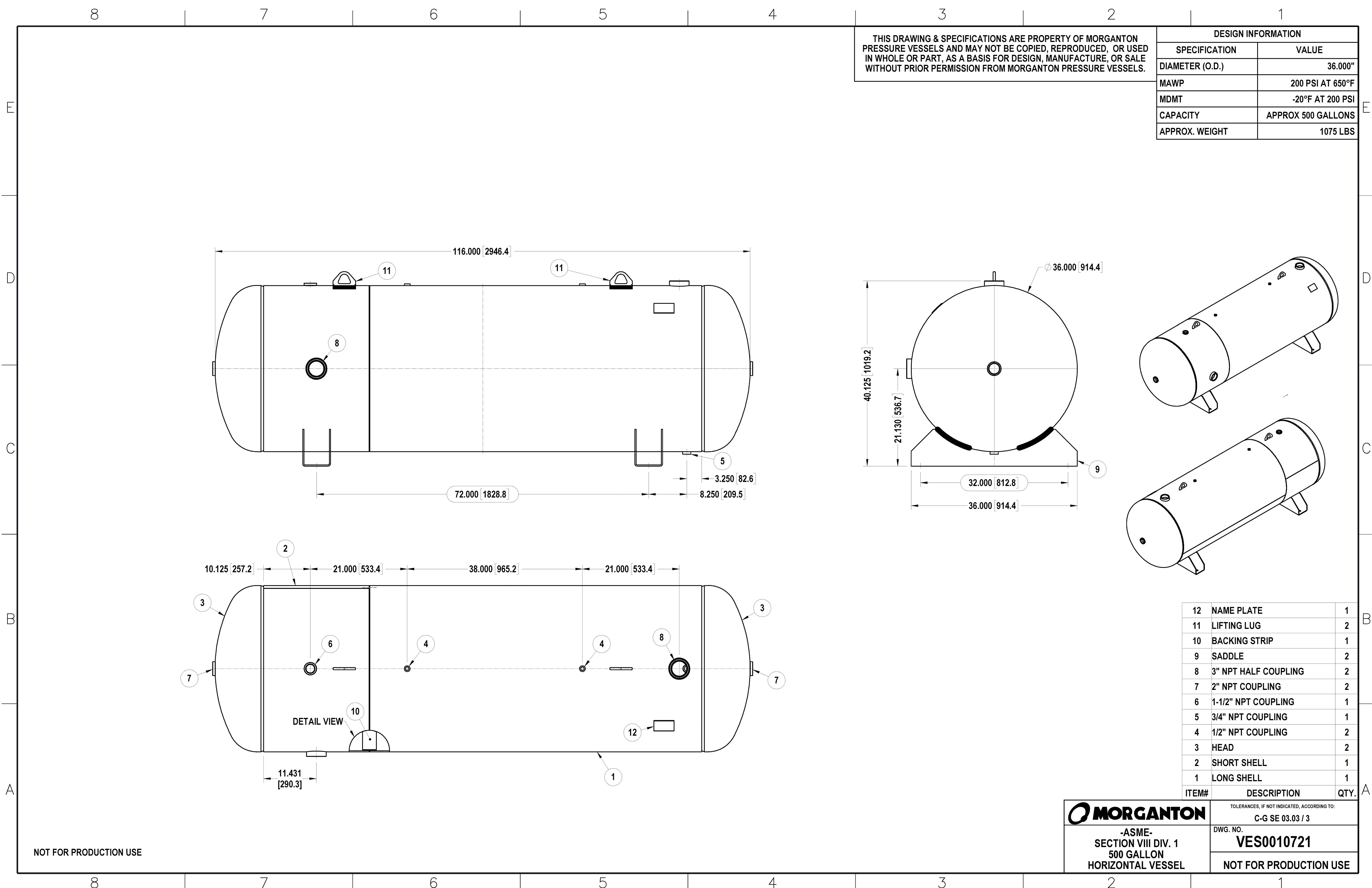 500 Gallon 200PSI Horizontal Air Tank with Saddle by Morganton | VES0010721 Morganton