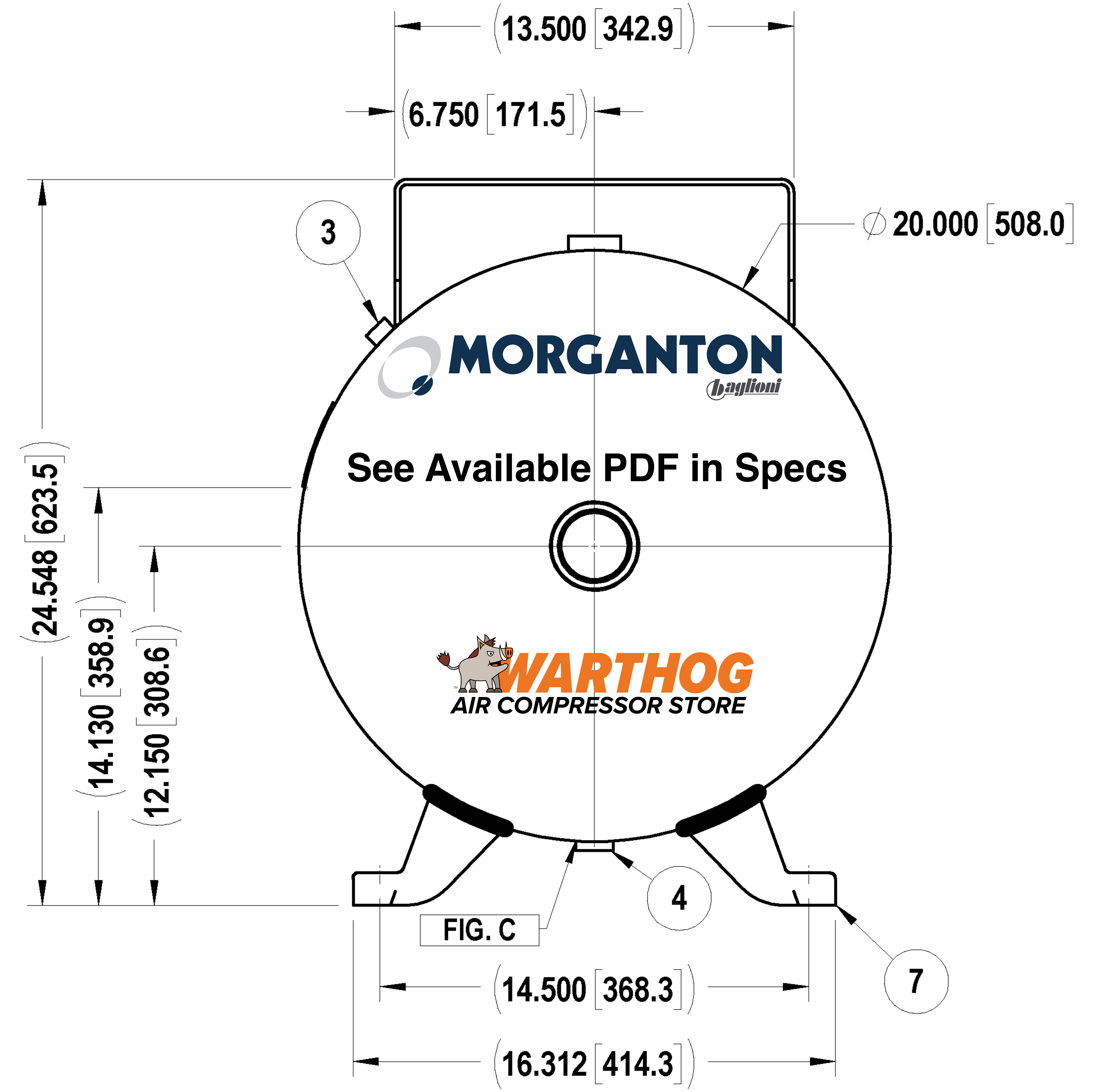 60 Gallon 300PSI Horizontal Air Tank with Top Plate By Morganton | VES0010792