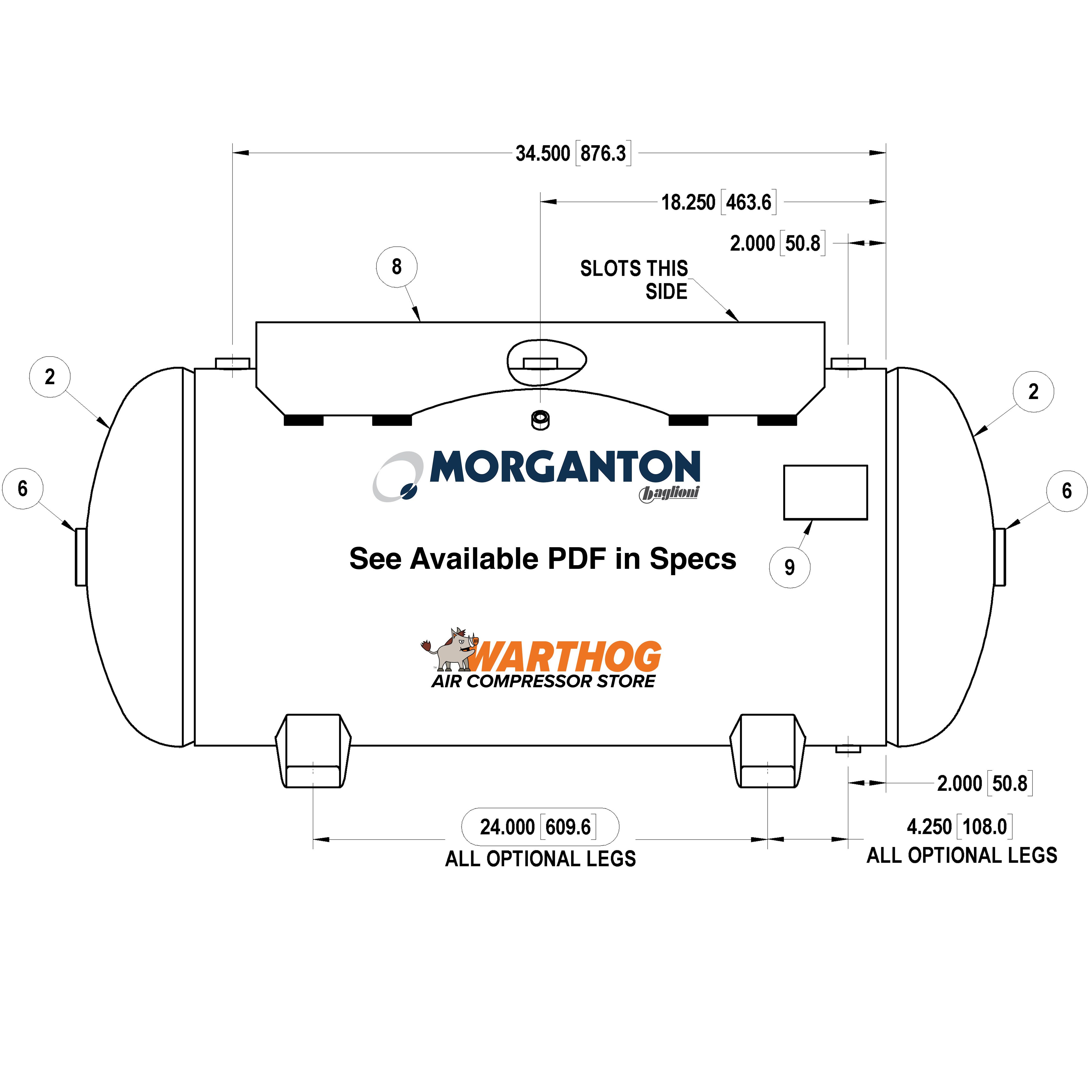 60 Gallon 300PSI Horizontal Air Tank with Top Plate By Morganton | VES0010792