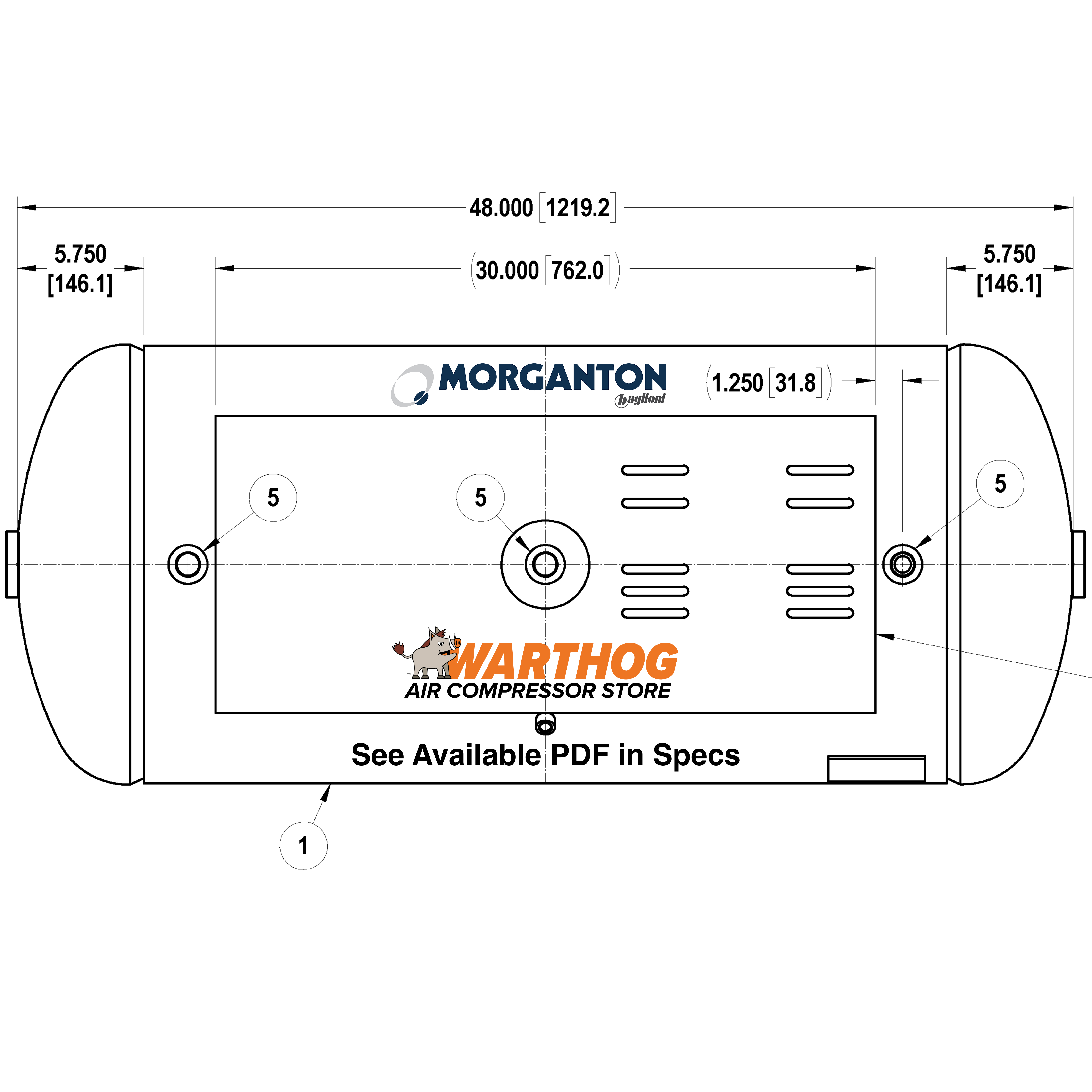 60 Gallon 300PSI Horizontal Air Tank with Top Plate By Morganton | VES0010792