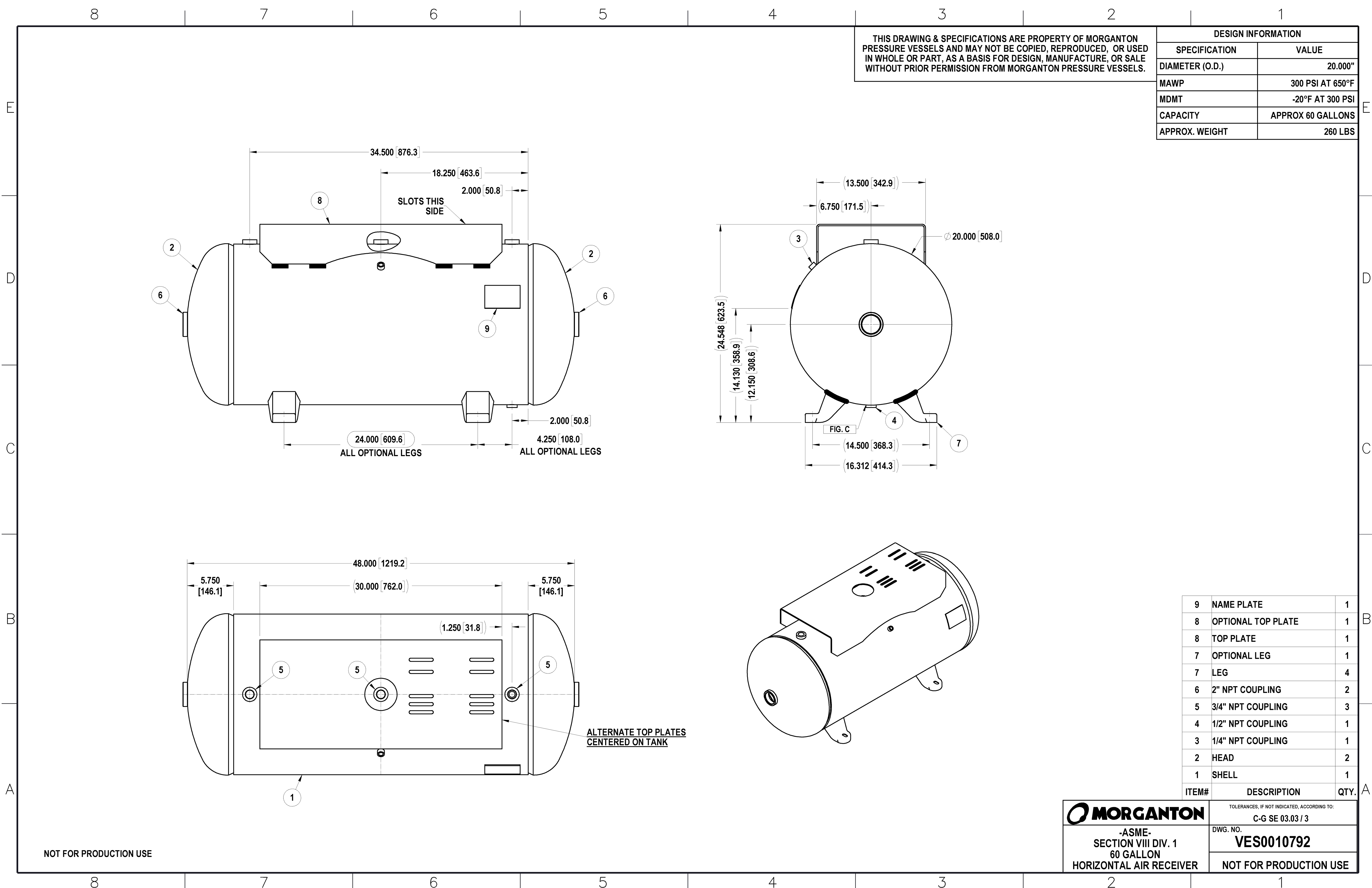 60 Gallon 300PSI Horizontal Air Tank with Top Plate By Morganton | VES0010792