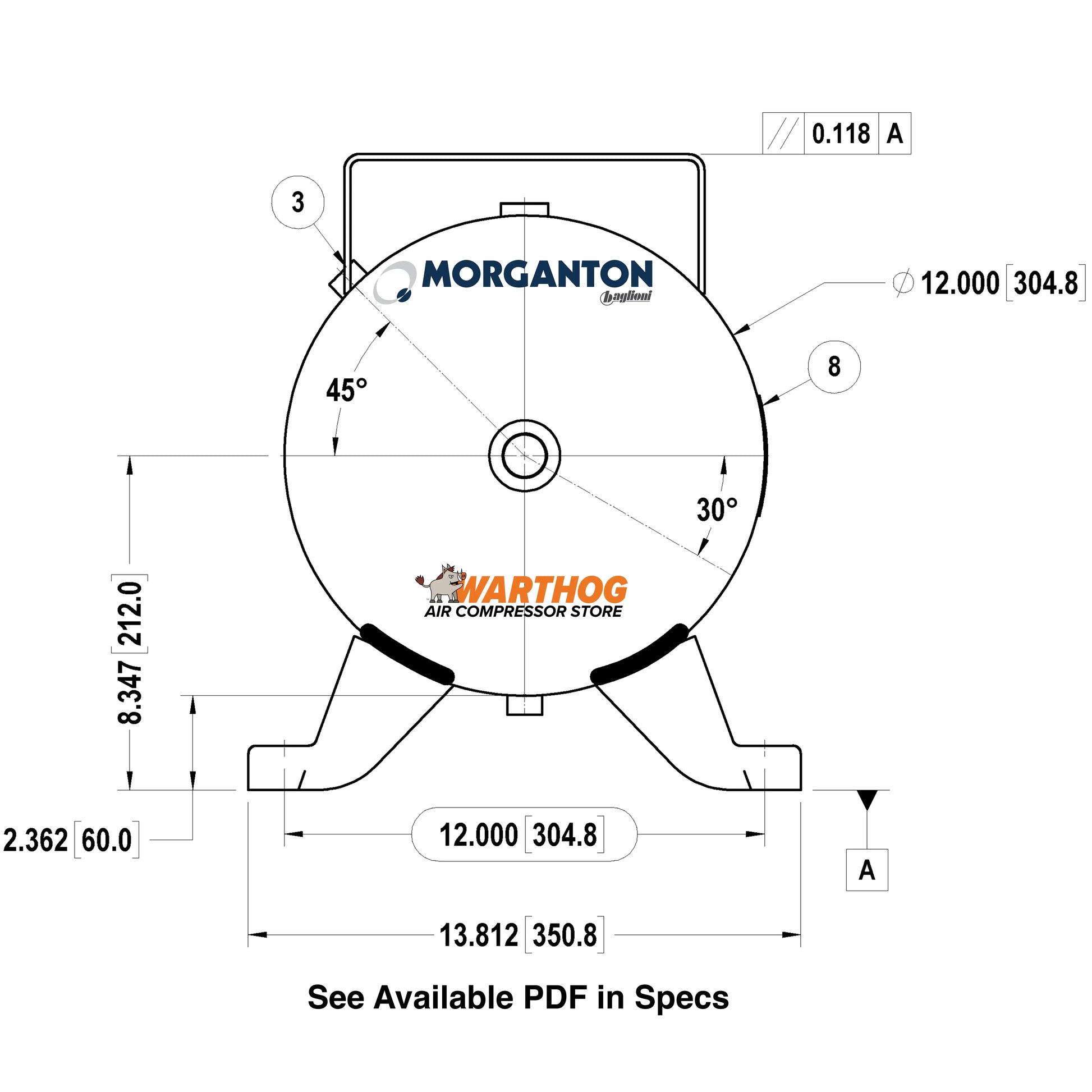 15 Gallon 200PSI Horizontal Air Tank with Top Plate By Morganton | VES0011029 Morganton