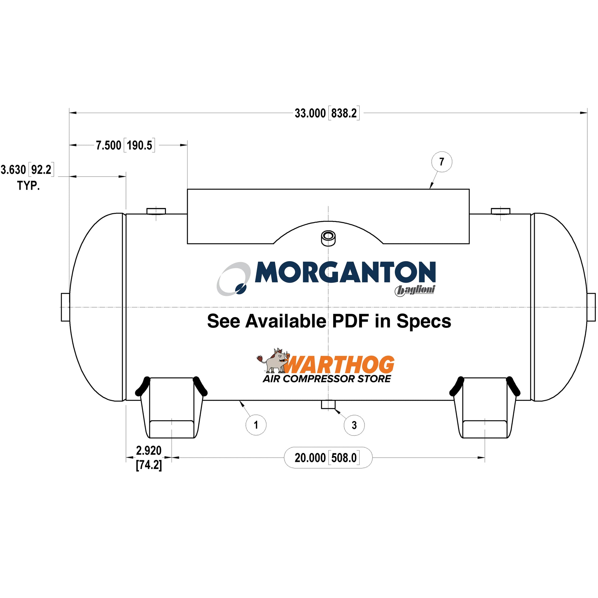 15 Gallon 200PSI Horizontal Air Tank with Top Plate By Morganton | VES0011029 Morganton