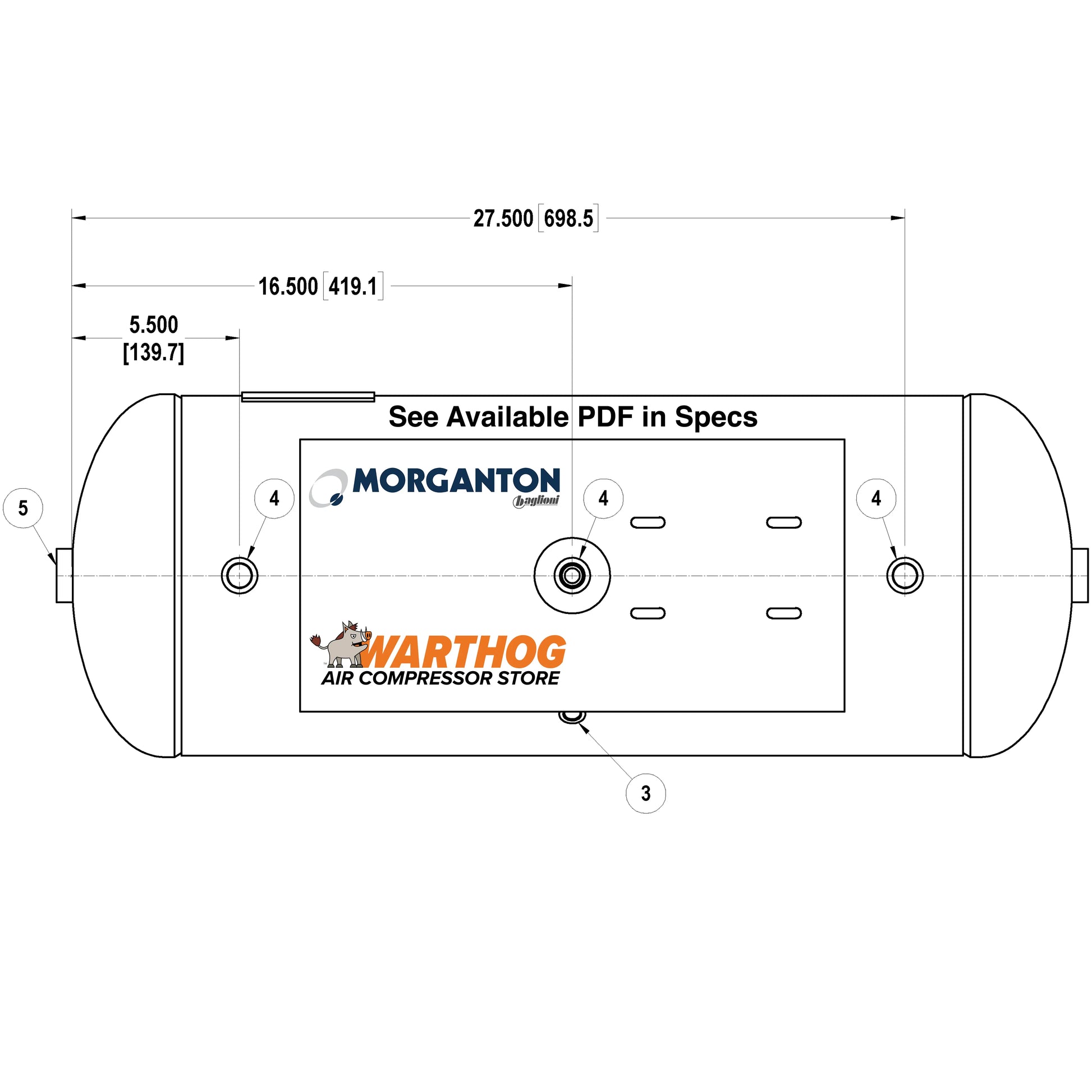 15 Gallon 200PSI Horizontal Air Tank with Top Plate By Morganton | VES0011029 Morganton