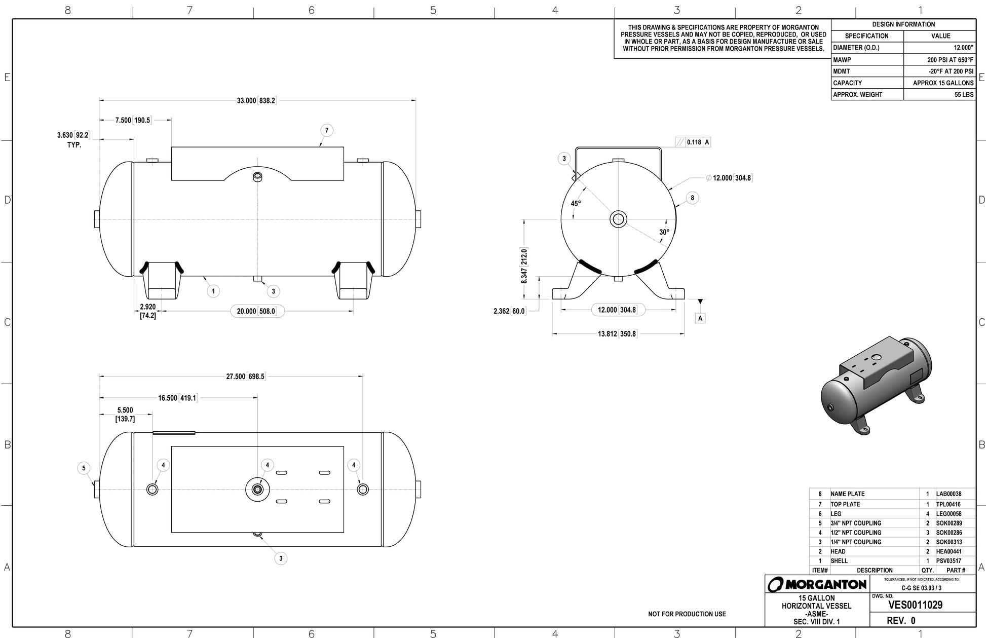 15 Gallon 200PSI Horizontal Air Tank with Top Plate By Morganton | VES0011029 Morganton