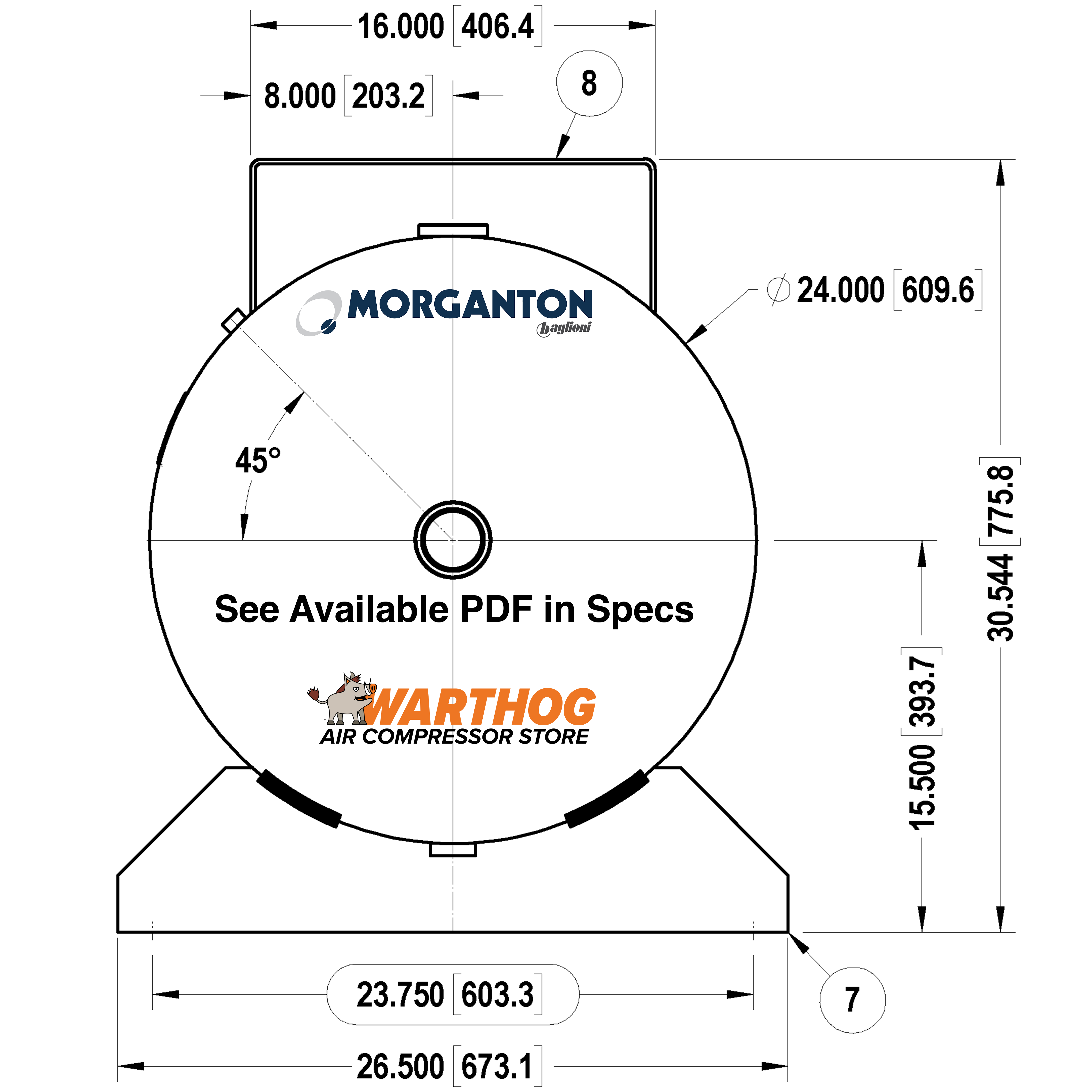 120 Gallon 300PSI Horizontal Air Tank with Saddle Feet and Top Plate By Morganton | VES0011090