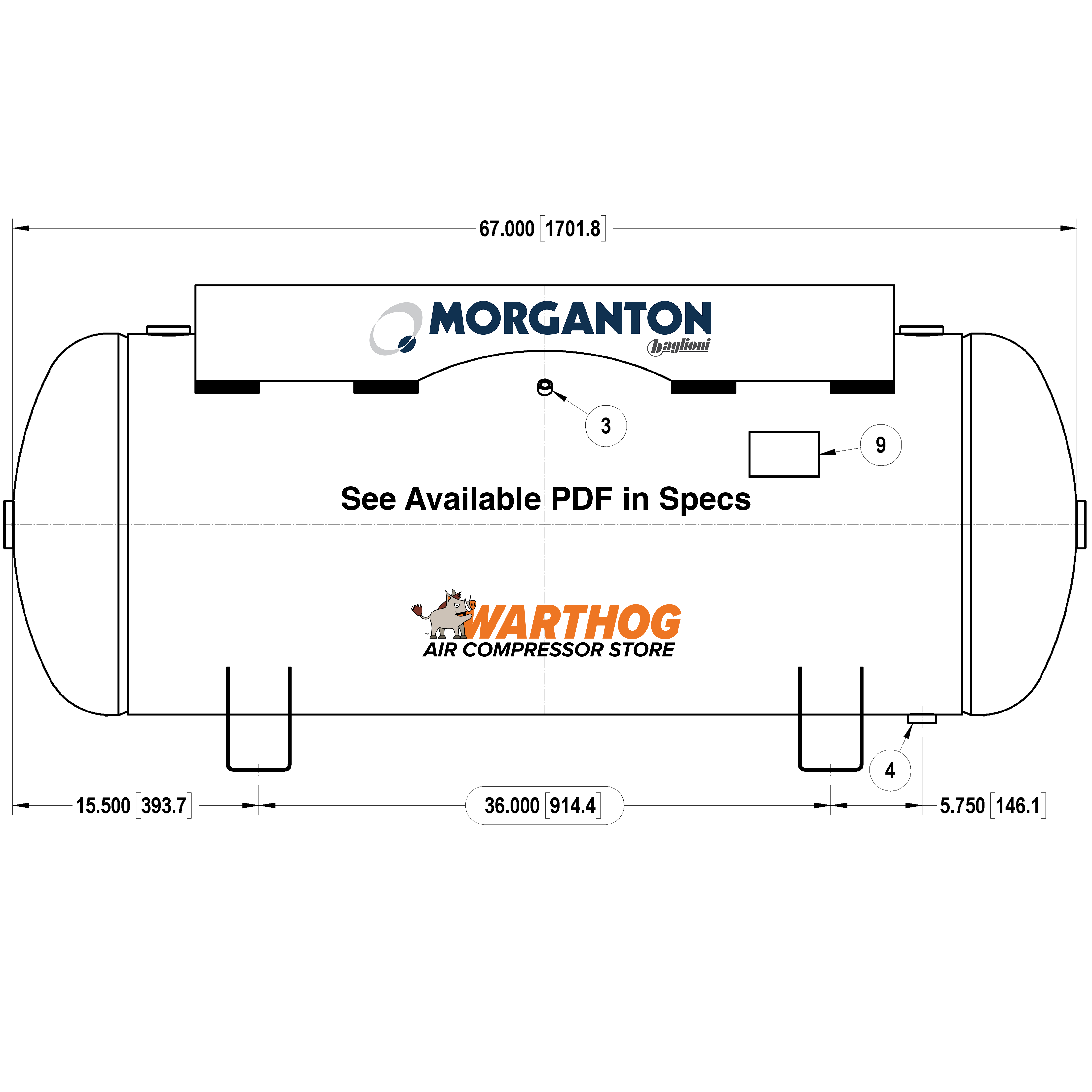 120 Gallon 300PSI Horizontal Air Tank with Saddle Feet and Top Plate By Morganton | VES0011090