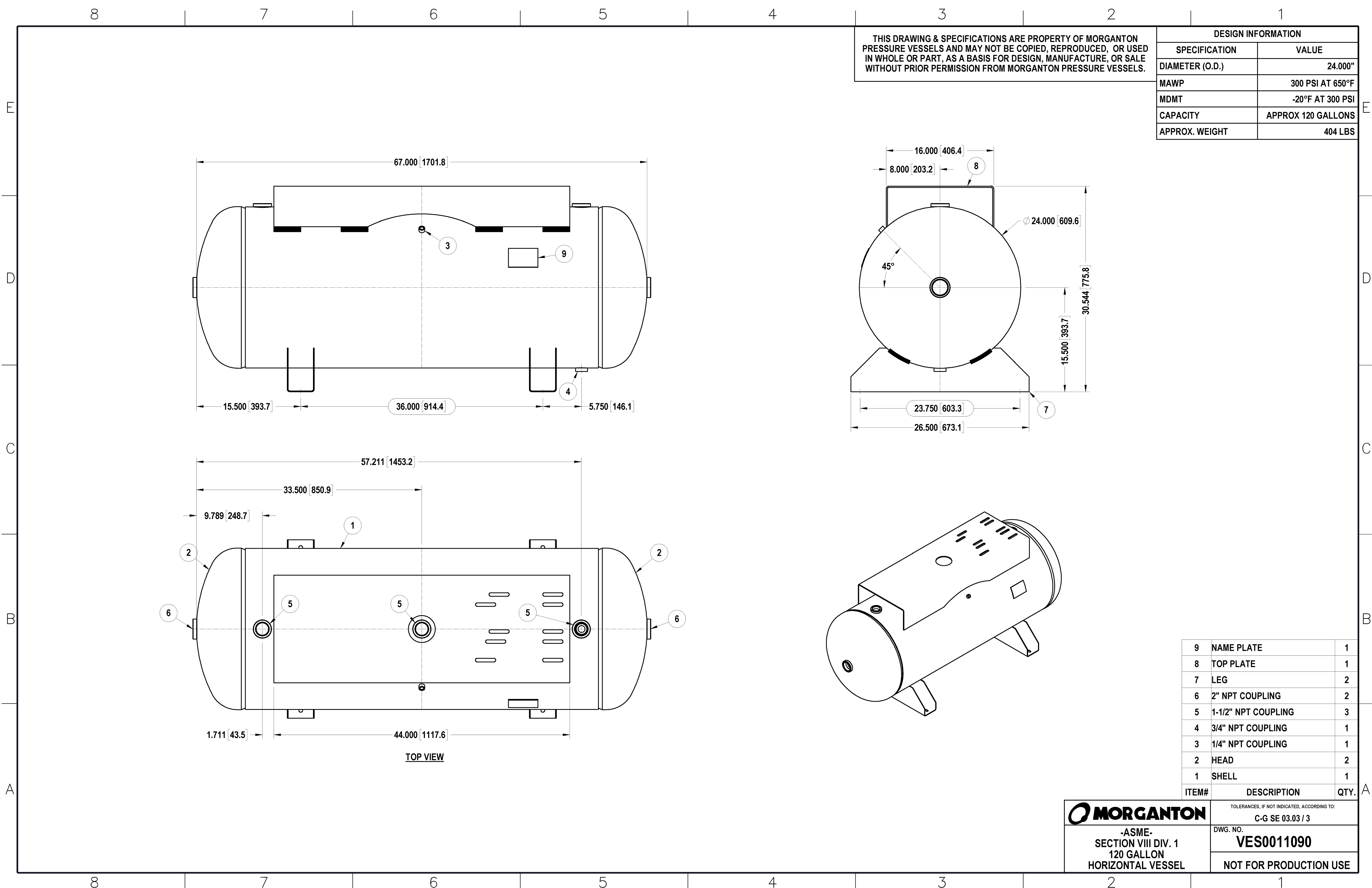 120 Gallon 300PSI Horizontal Air Tank with Saddle Feet and Top Plate By Morganton | VES0011090