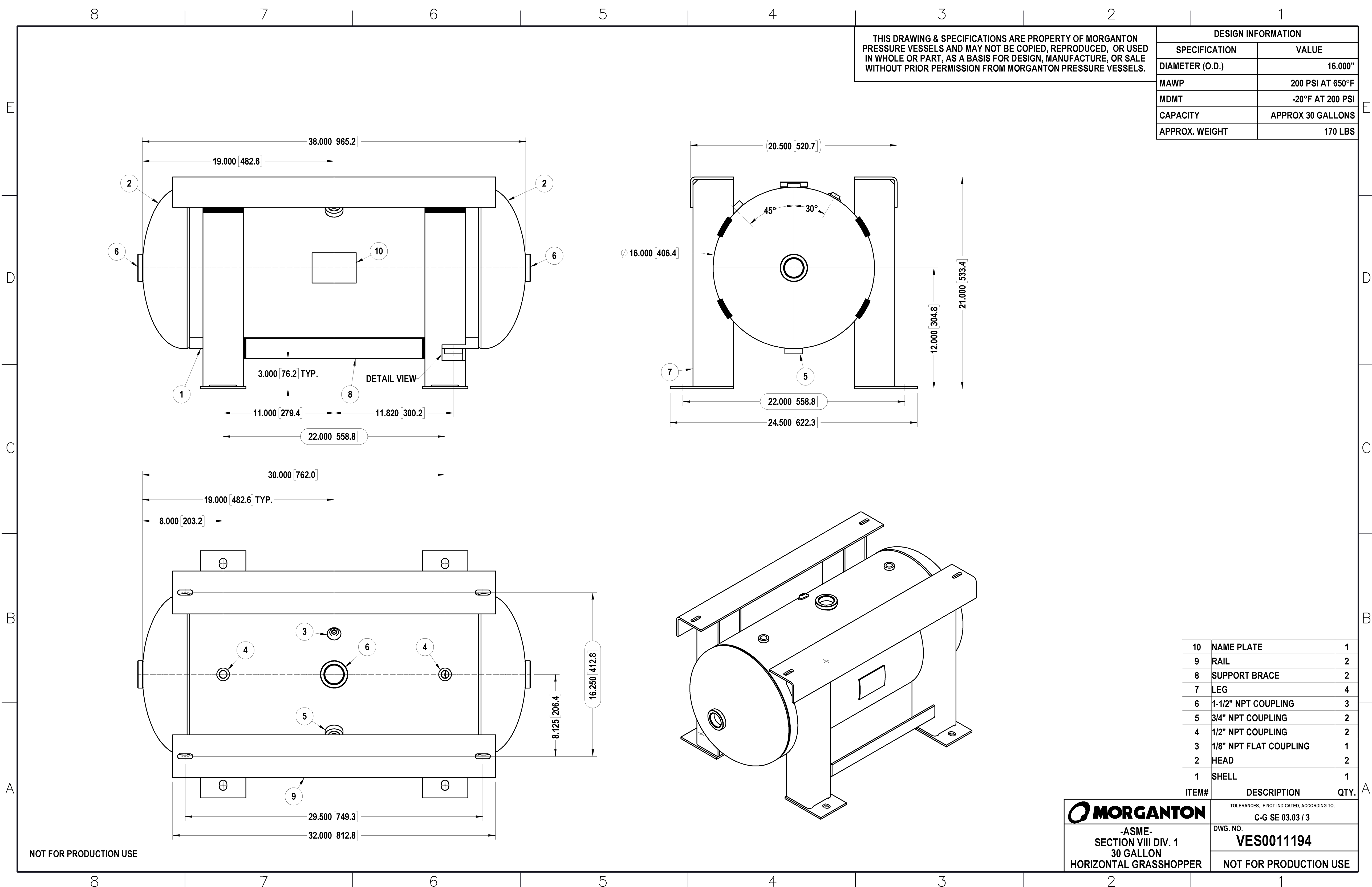 30 Gallon 200PSI Grasshopper Horizontal Air Tank By Morganton | VES0011194