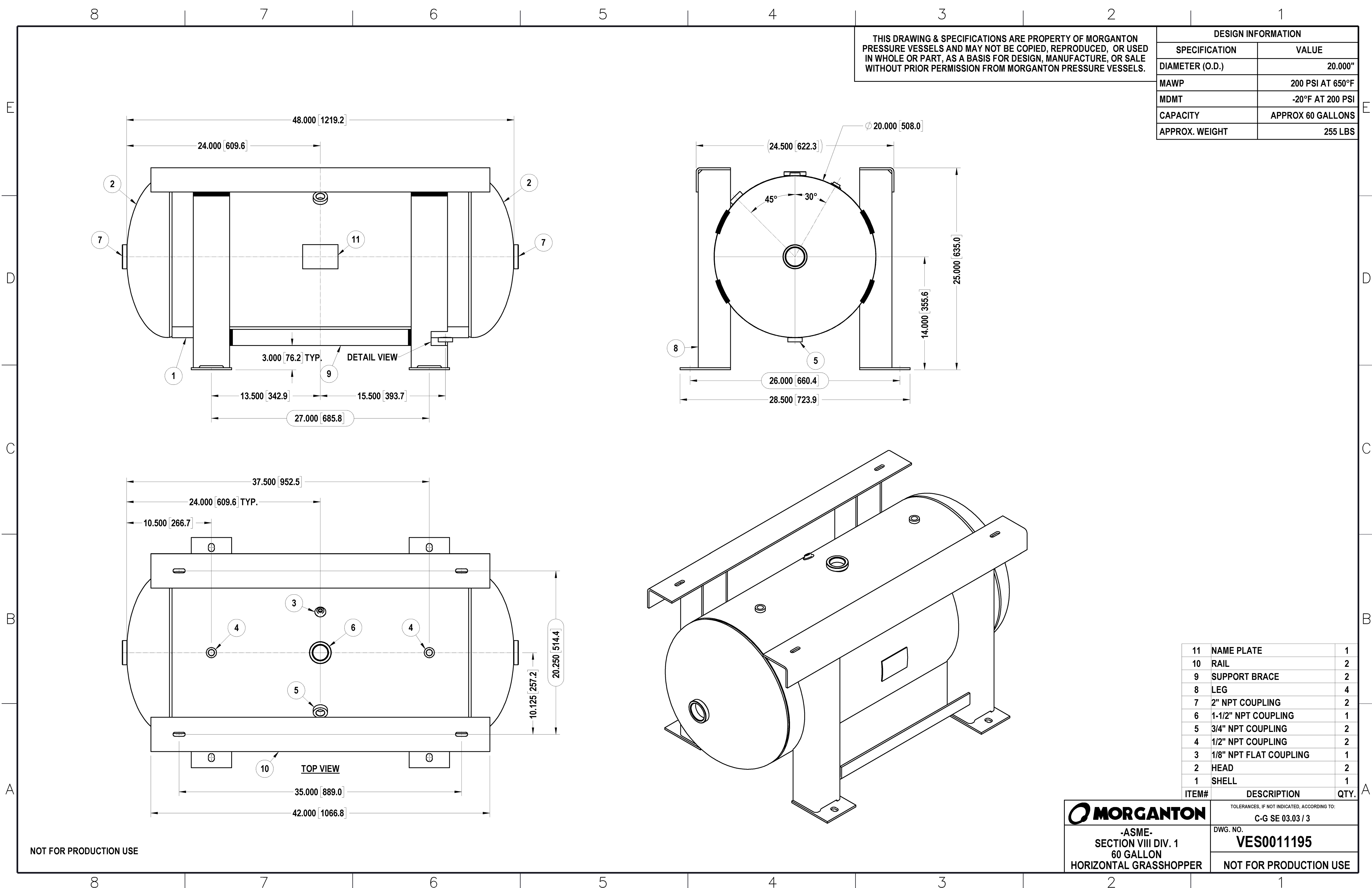 60 Gallon 200PSI Grasshopper Horizontal Air Tank By Morganton | VES0011195