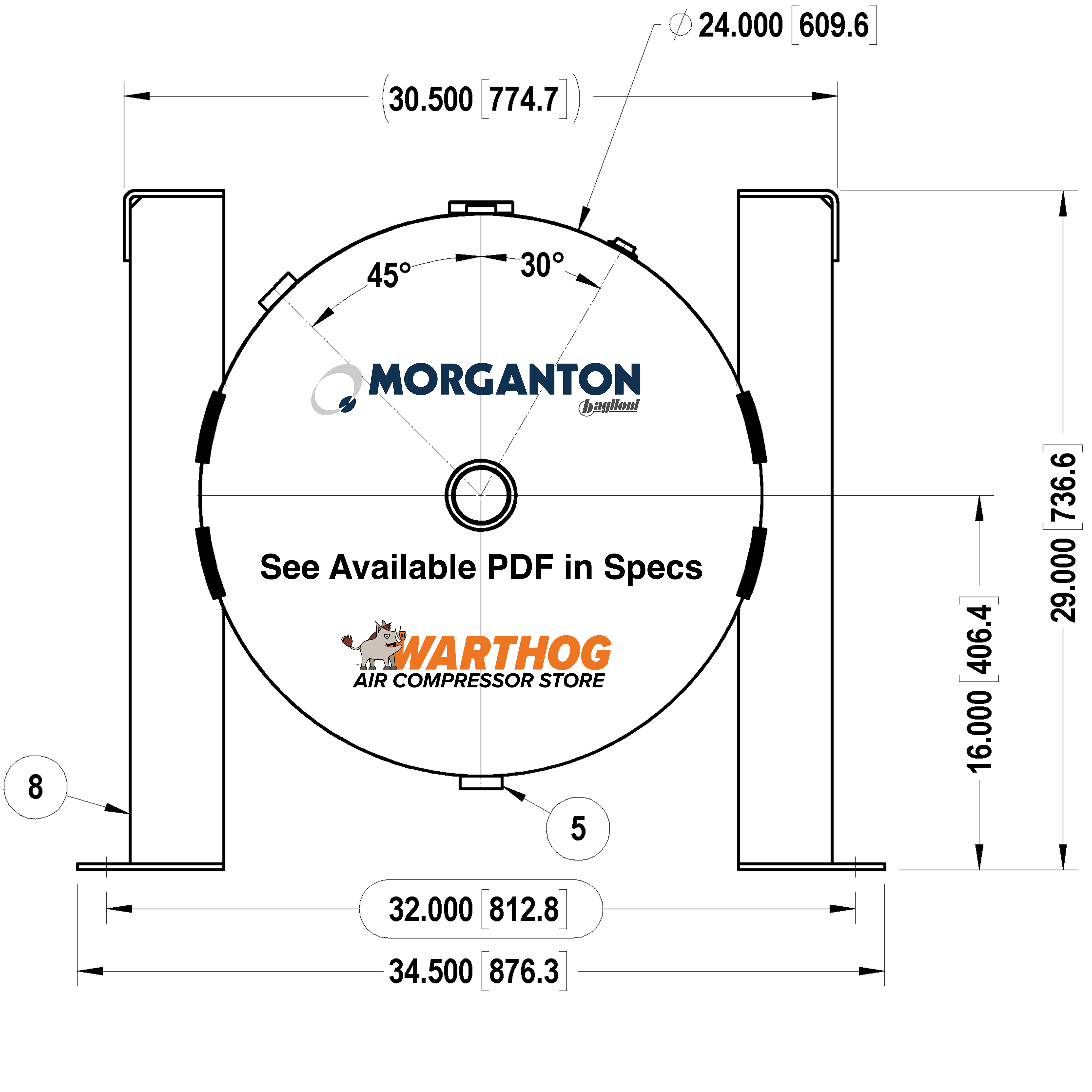 120 Gallon 200PSI Grasshopper Horizontal Air Tank By Morganton | VES0011197
