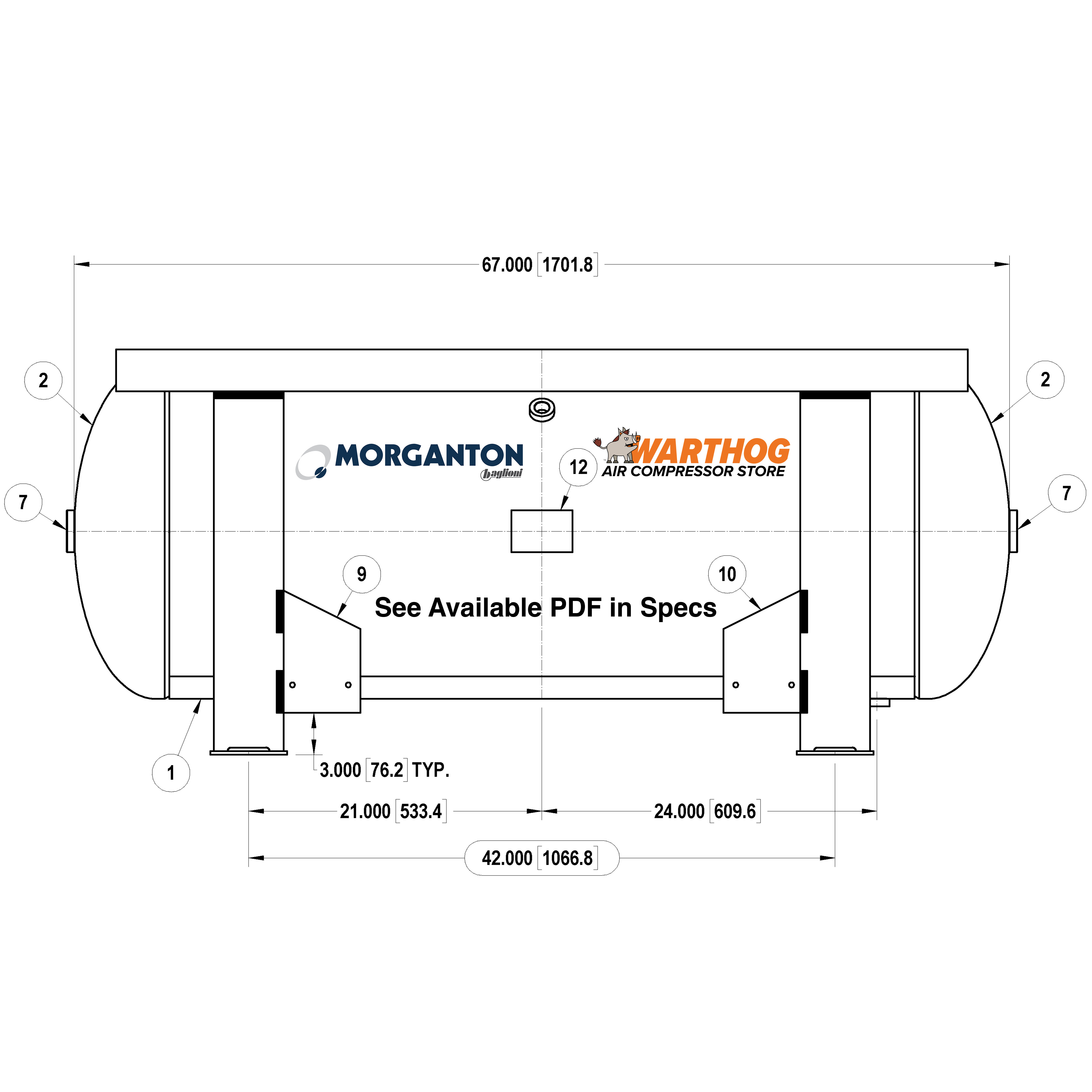 120 Gallon 200PSI Grasshopper Horizontal Air Tank By Morganton | VES0011197