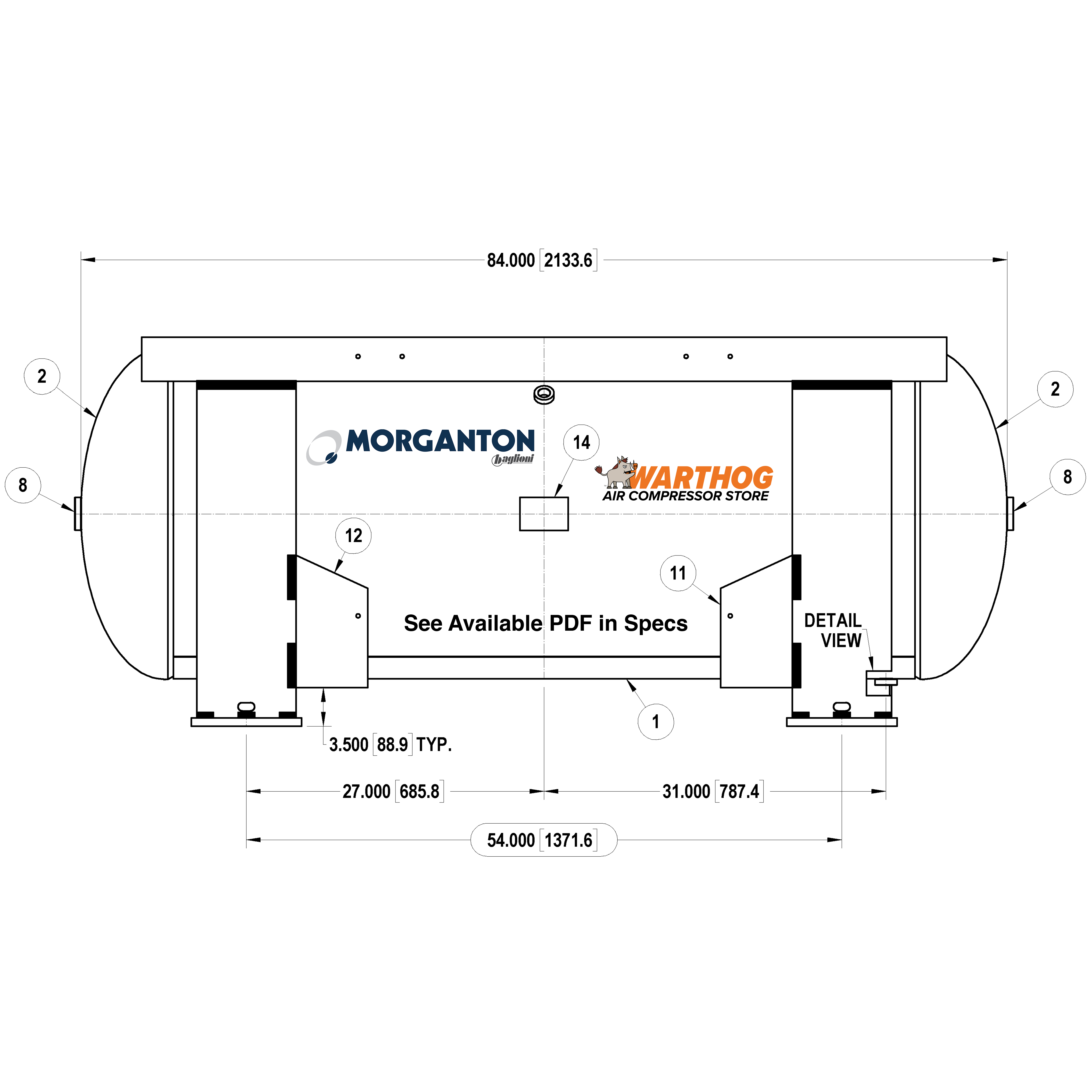 240 Gallon 200PSI Grasshopper Horizontal Air Tank By Morganton | VES0011199
