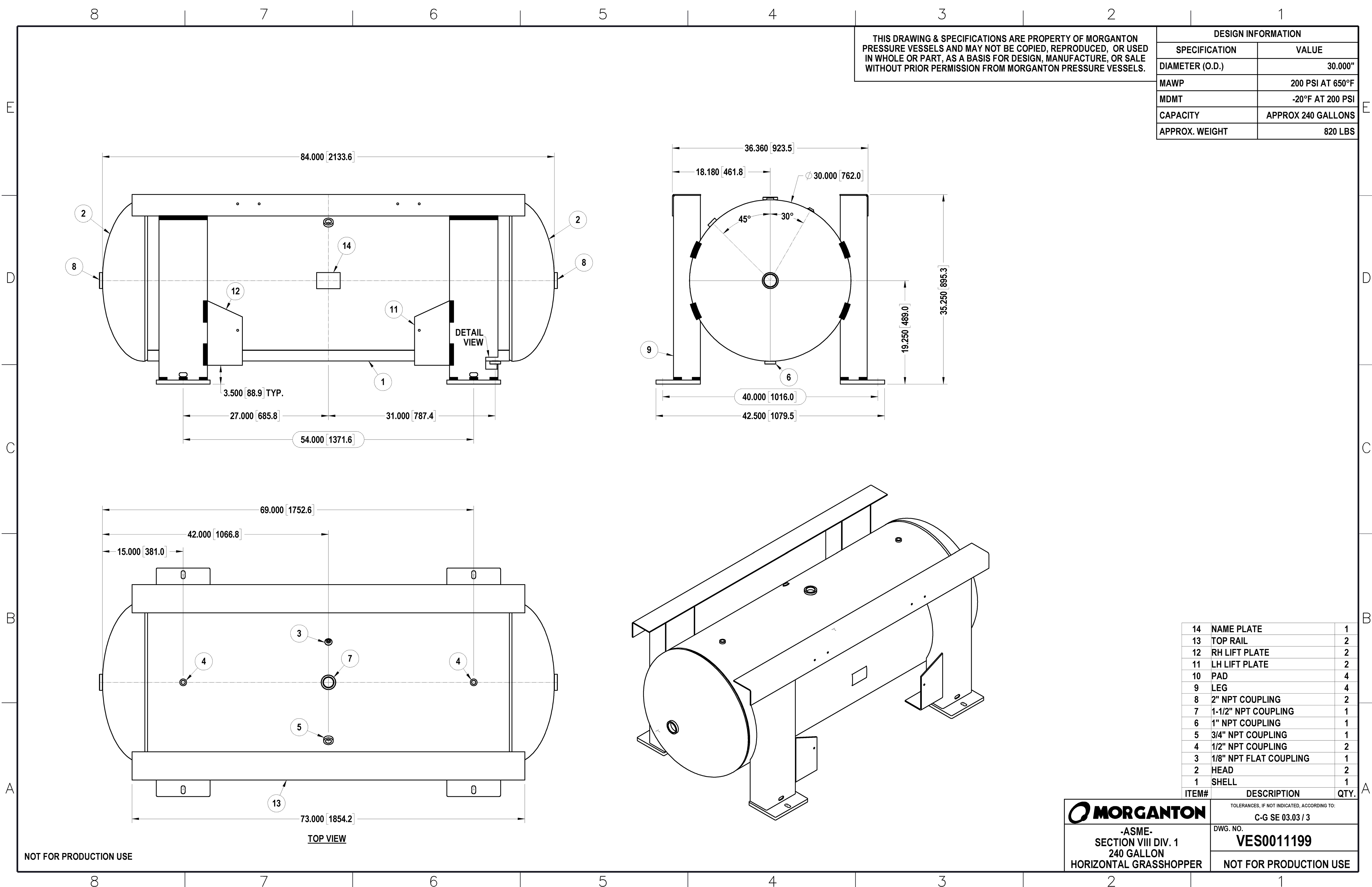 240 Gallon 200PSI Grasshopper Horizontal Air Tank By Morganton | VES0011199