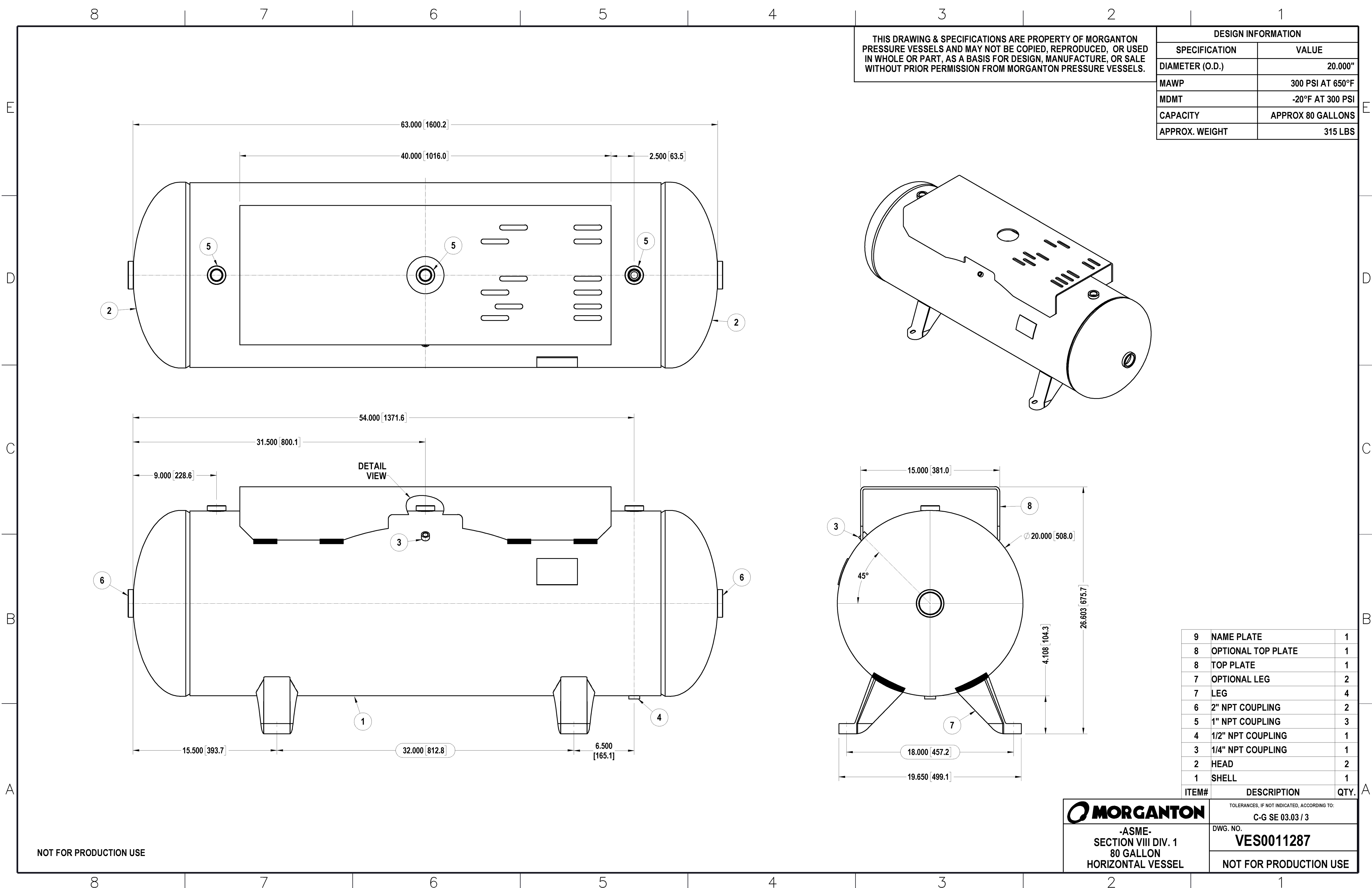 80 Gallon 300PSI Horizontal Air Tank with Top Plate By Morganton | VES0011287