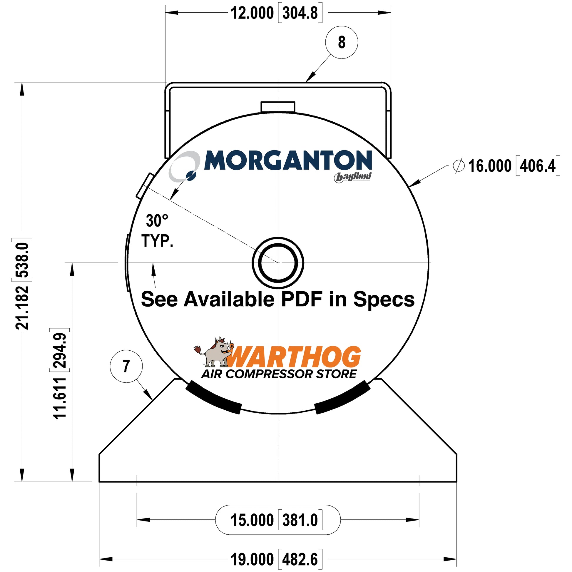 30 Gallon 200 PSI Horizontal Air Tank With Saddle+Extended Top Plate by Morganton | VES0011843 Morganton
