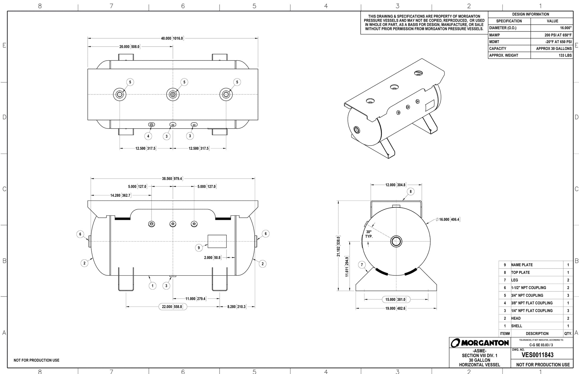 30 Gallon 200 PSI Horizontal Air Tank With Saddle+Extended Top Plate by Morganton | VES0011843 Morganton